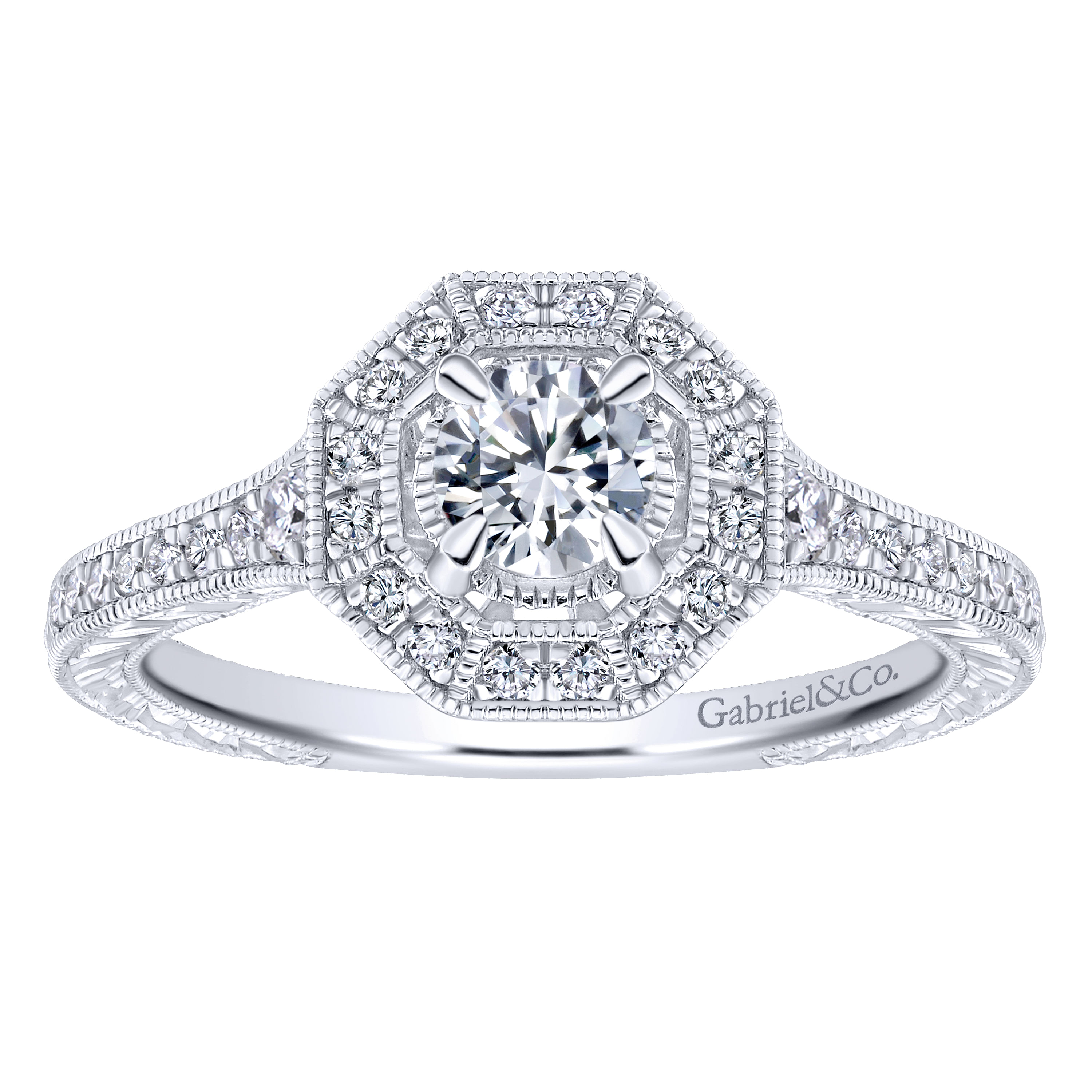 Vintage Inspired 14K White Gold Octagonal Halo Diamond Engagement Ring