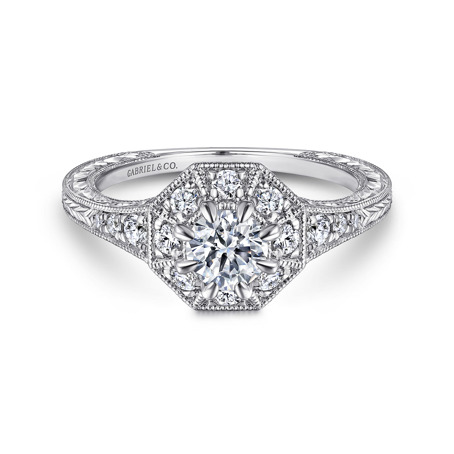 Vintage Inspired 14K White Gold Octagonal Halo Diamond Engagement Ring