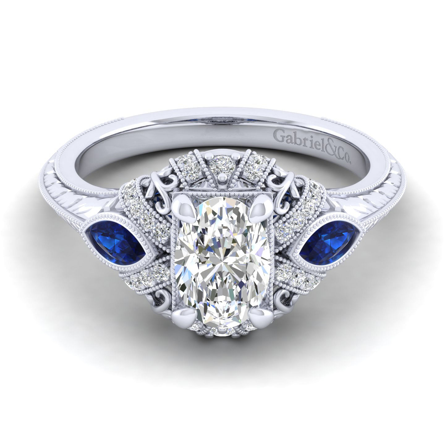 Vintage Inspired 14K White Gold Oval Three Stone Halo Sapphire and Diamond Engagement Ring