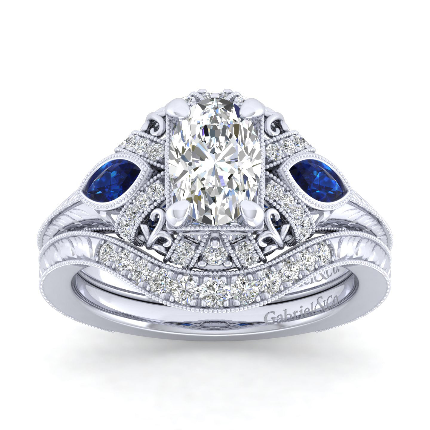 Vintage Inspired 14K White Gold Oval Three Stone Halo Sapphire and Diamond Engagement Ring