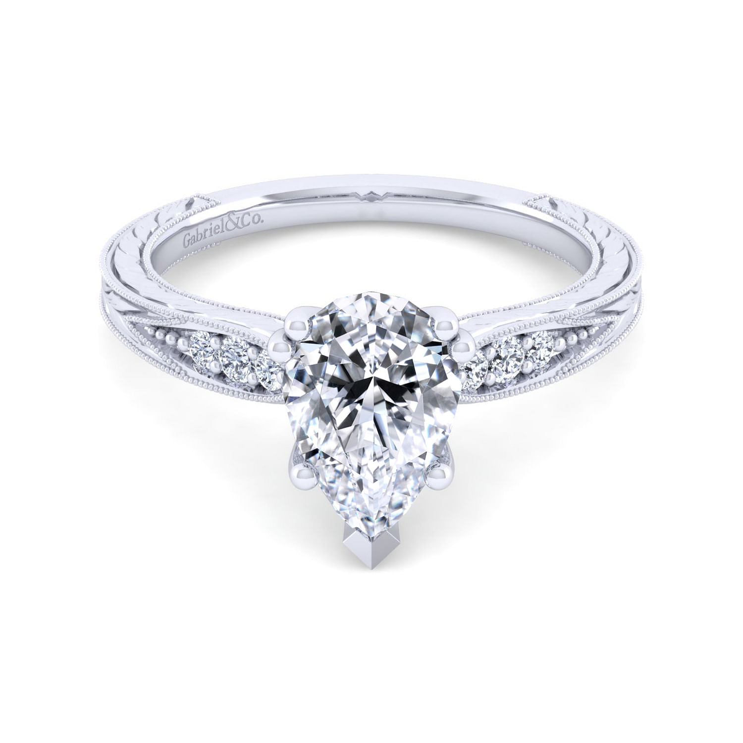 Vintage Inspired 14K White Gold Pear Shape Diamond Engagement Ring