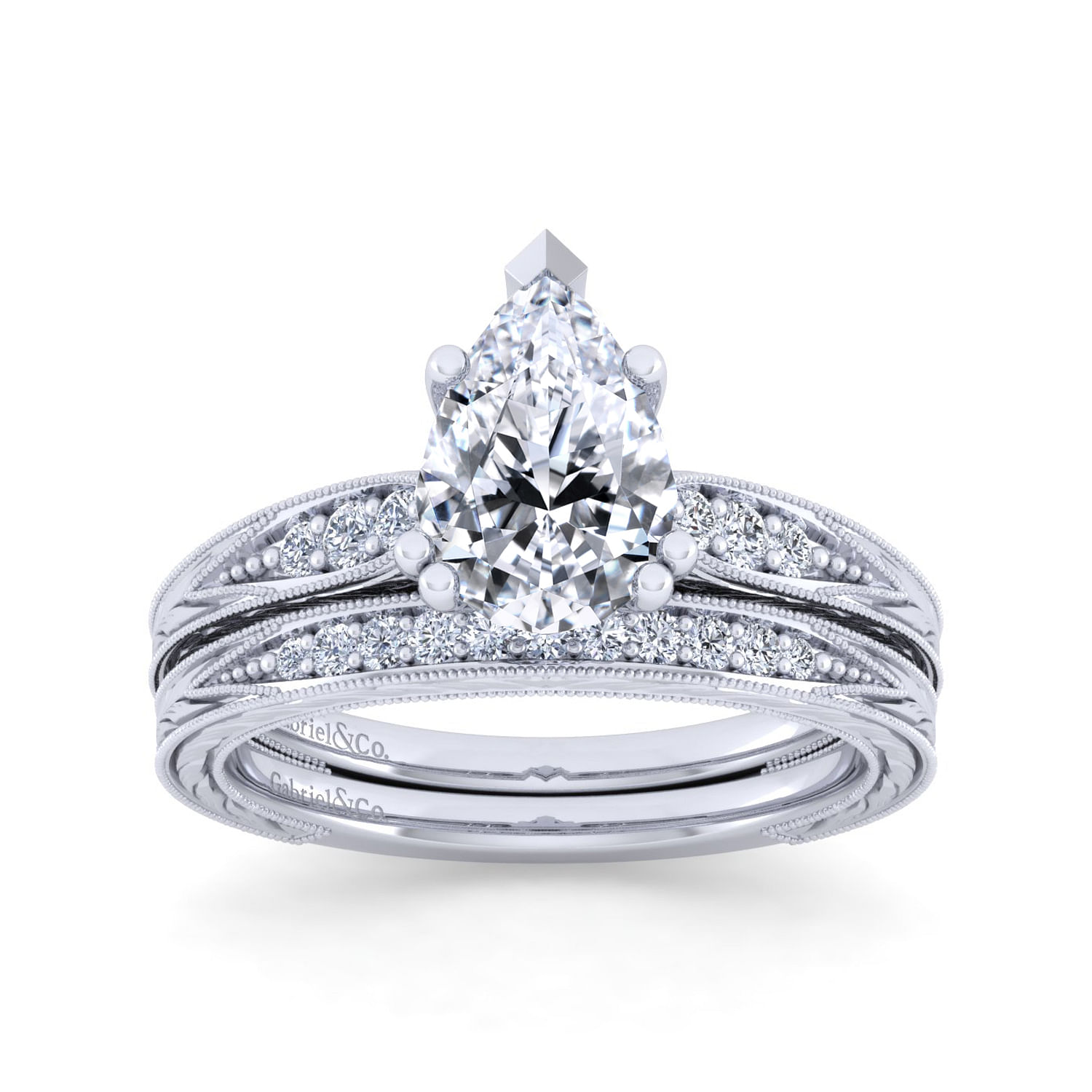 Vintage Inspired 14K White Gold Pear Shape Diamond Engagement Ring
