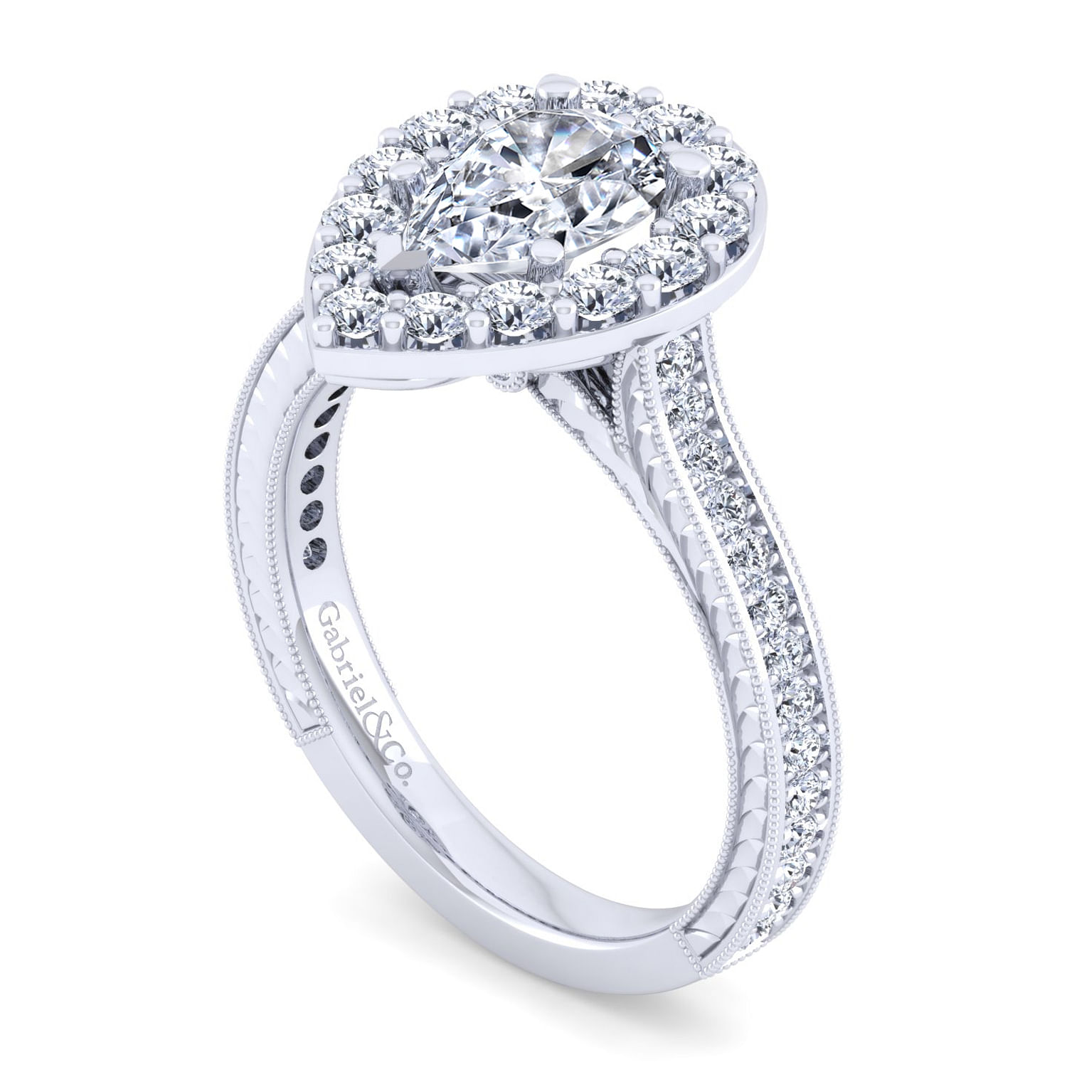 Vintage Inspired 14K White Gold Pear Shape Halo Diamond Engagement Ring