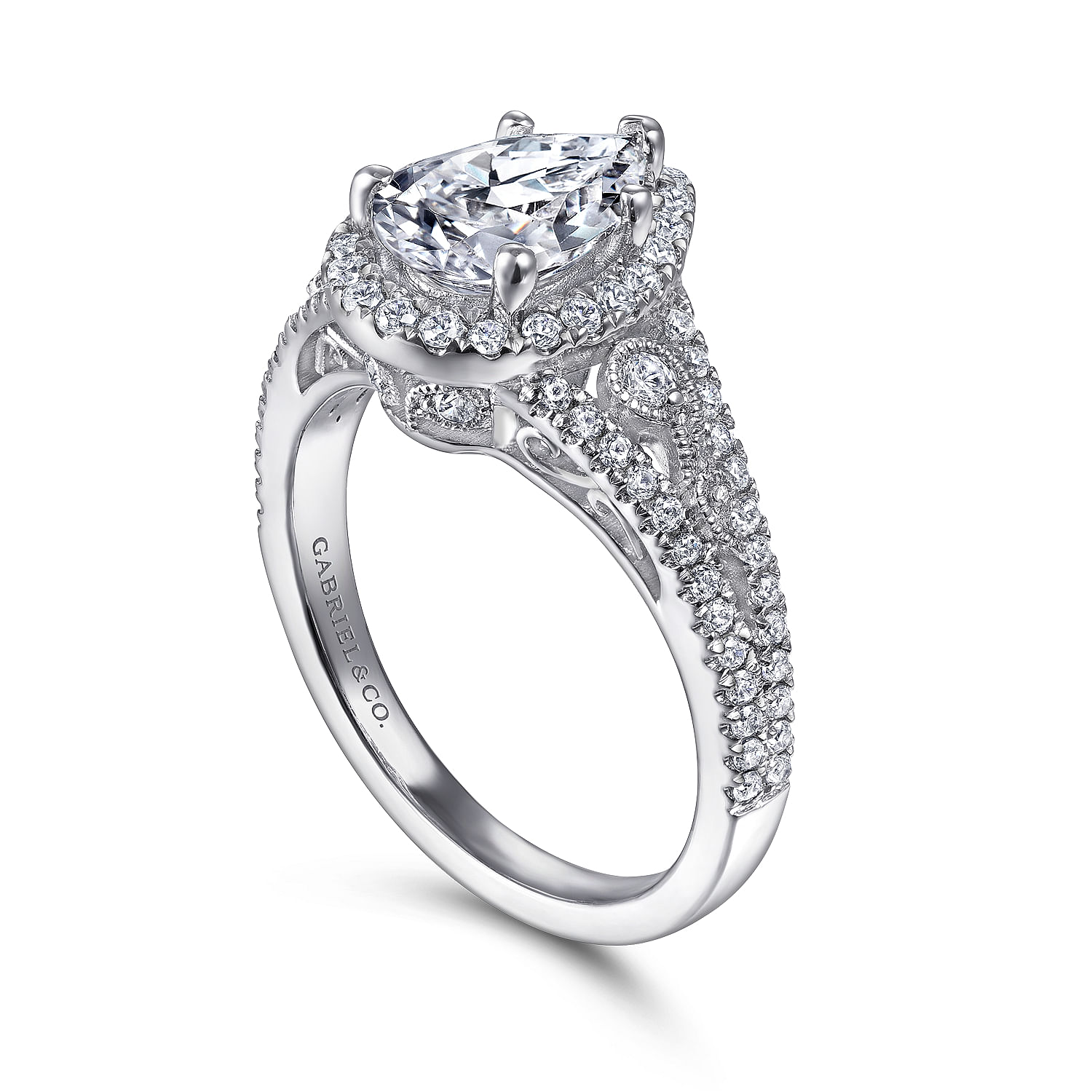 Vintage Inspired 14K White Gold Pear Shape Halo Diamond Engagement Ring
