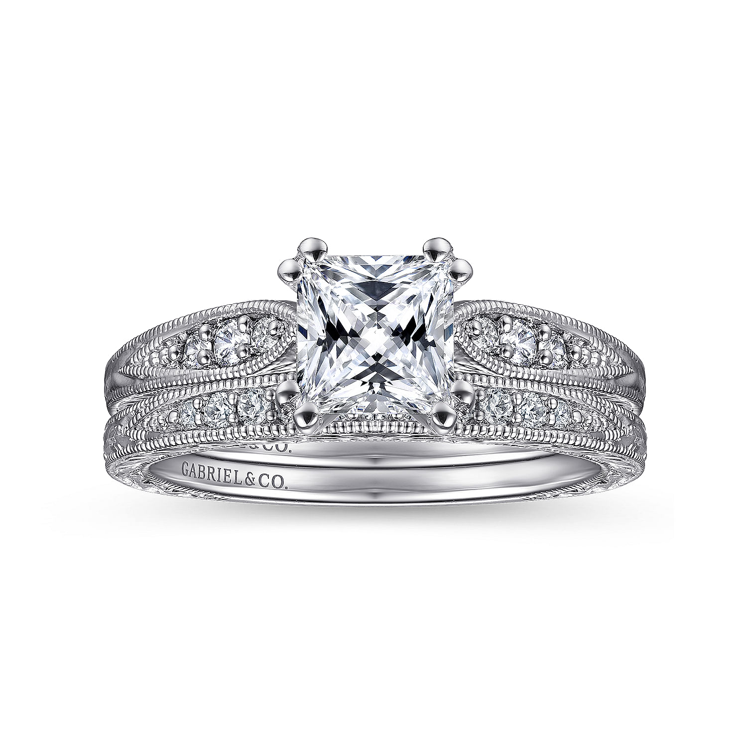 Vintage Inspired 14K White Gold Princess Cut Diamond Engagement Ring