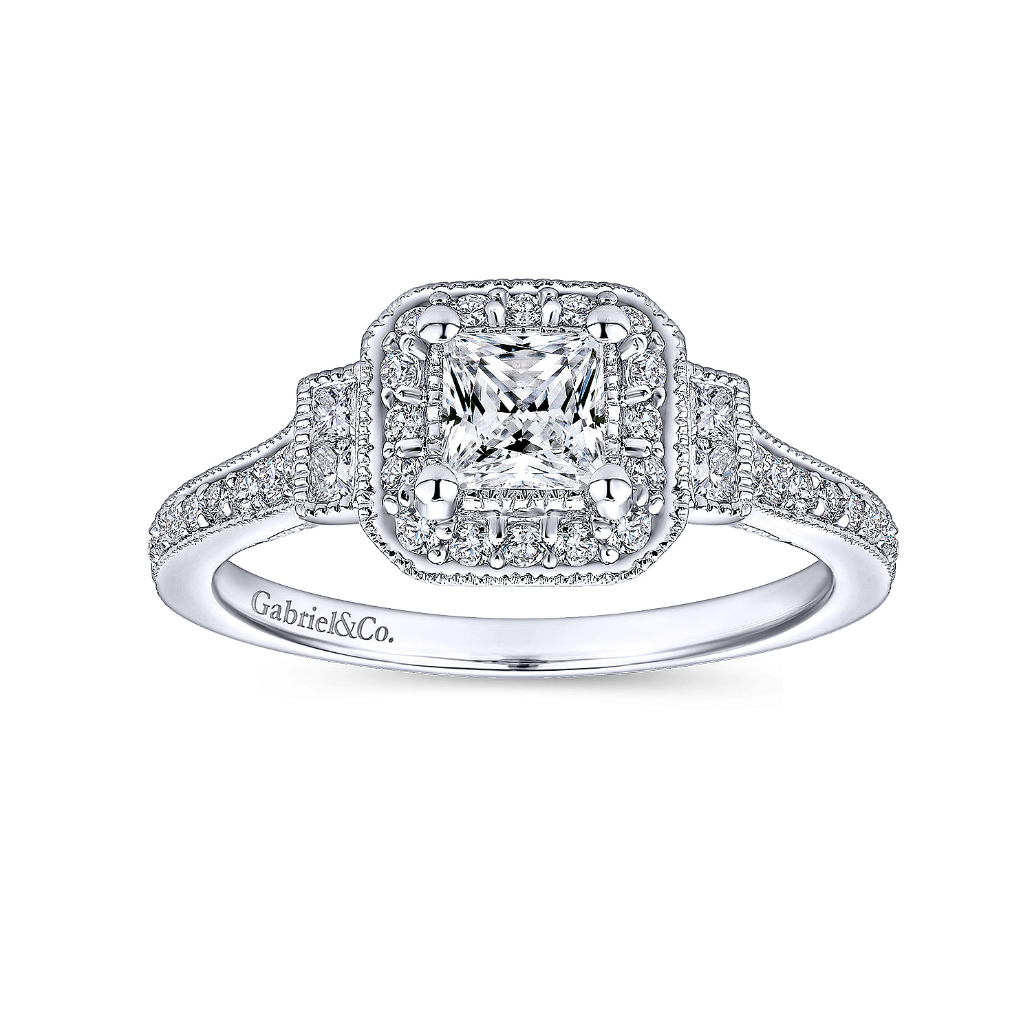 Vintage Inspired 14K White Gold Princess Halo Complete Diamond Engagement Ring