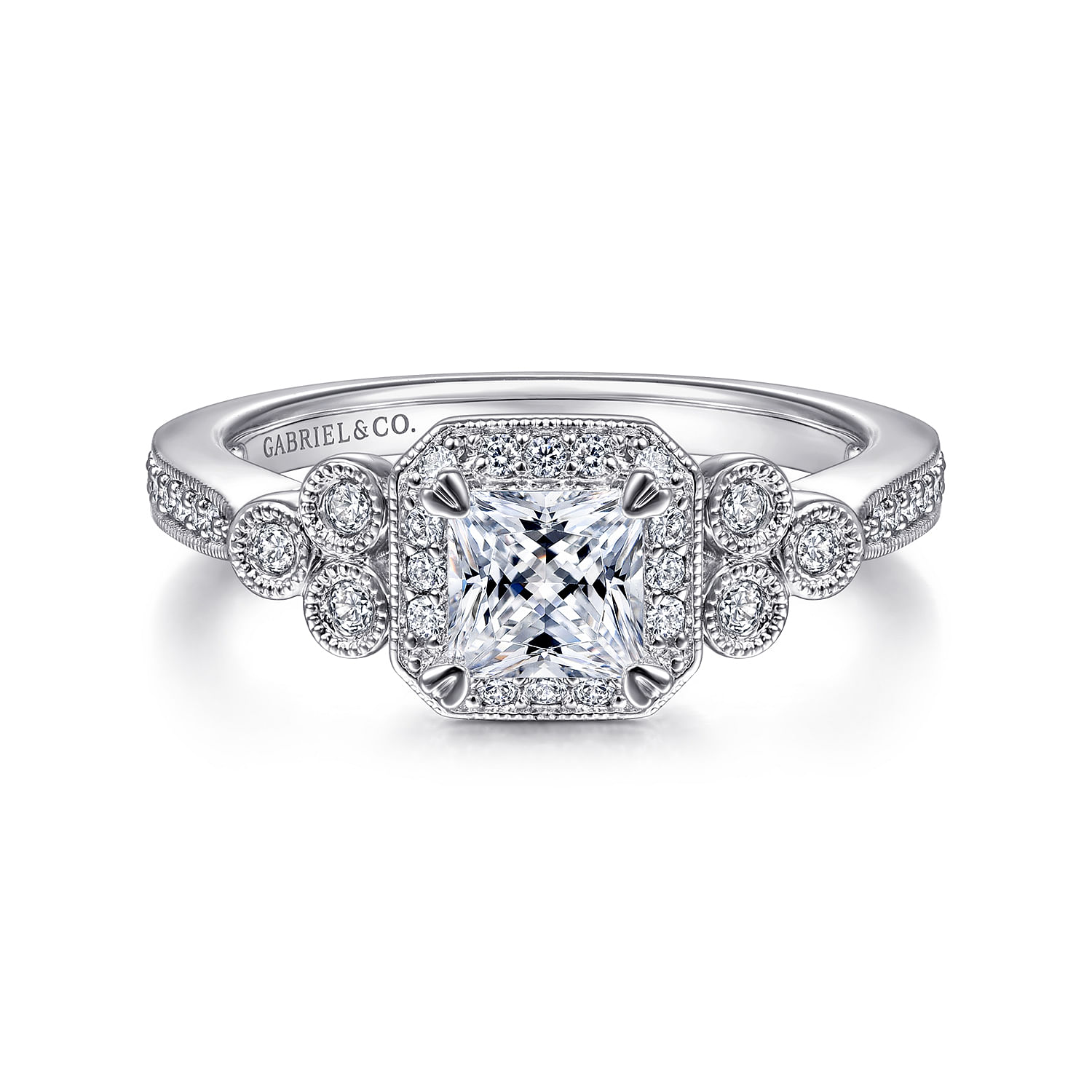 Vintage Inspired 14K White Gold Princess Halo Diamond Engagement Ring