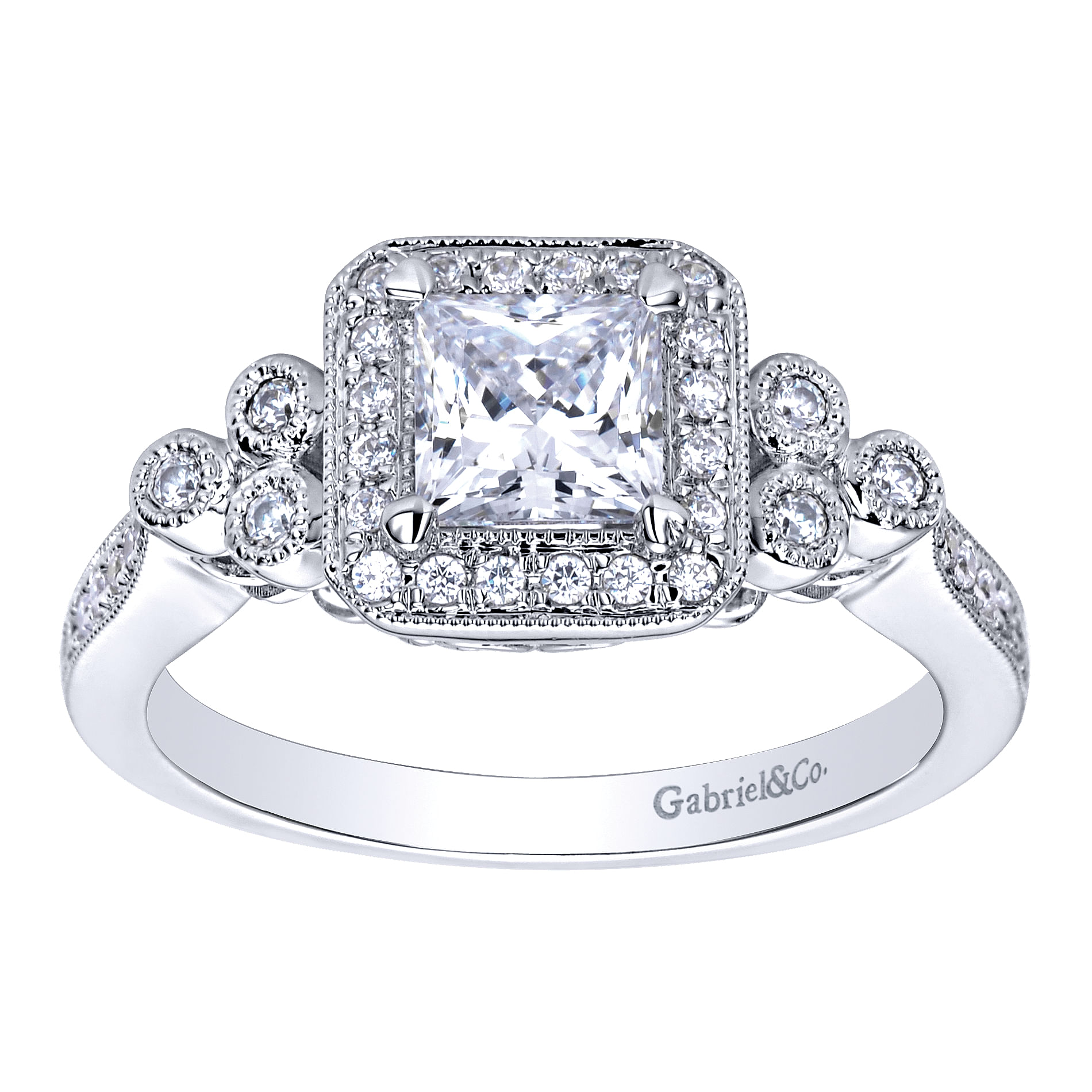 Vintage Inspired 14K White Gold Princess Halo Diamond Engagement Ring