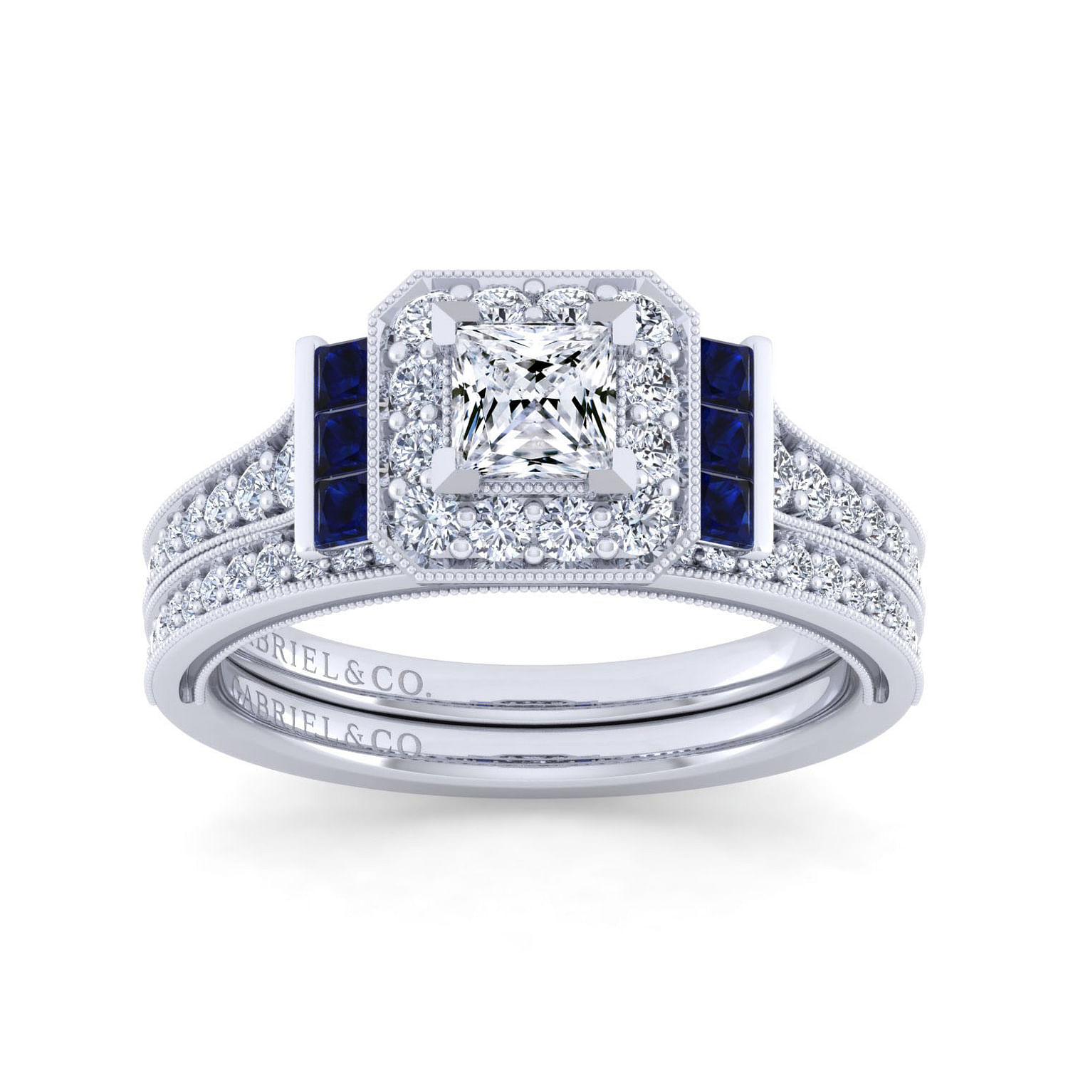 Vintage Inspired 14K White Gold Princess Halo Sapphire and Diamond Engagement Ring