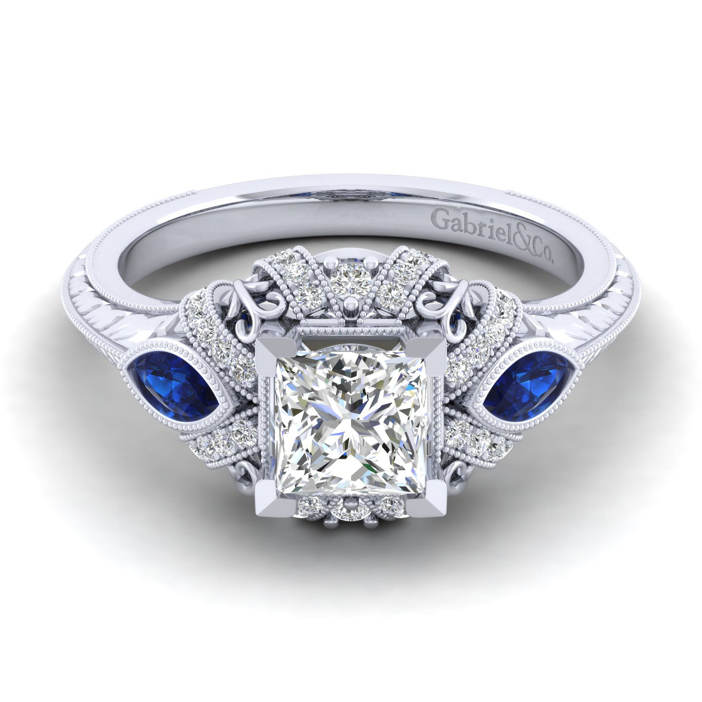Vintage Inspired 14K White Gold Princess Halo Three Stone Sapphire and Diamond Engagement Ring