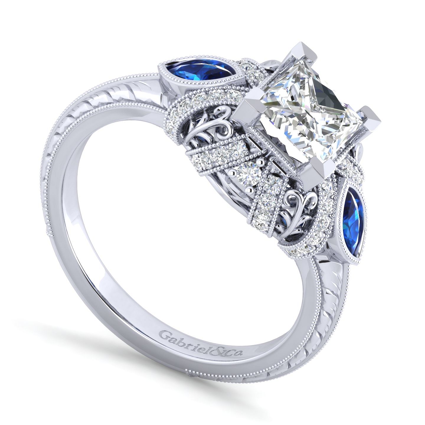 Vintage Inspired 14K White Gold Princess Halo Three Stone Sapphire and Diamond Engagement Ring