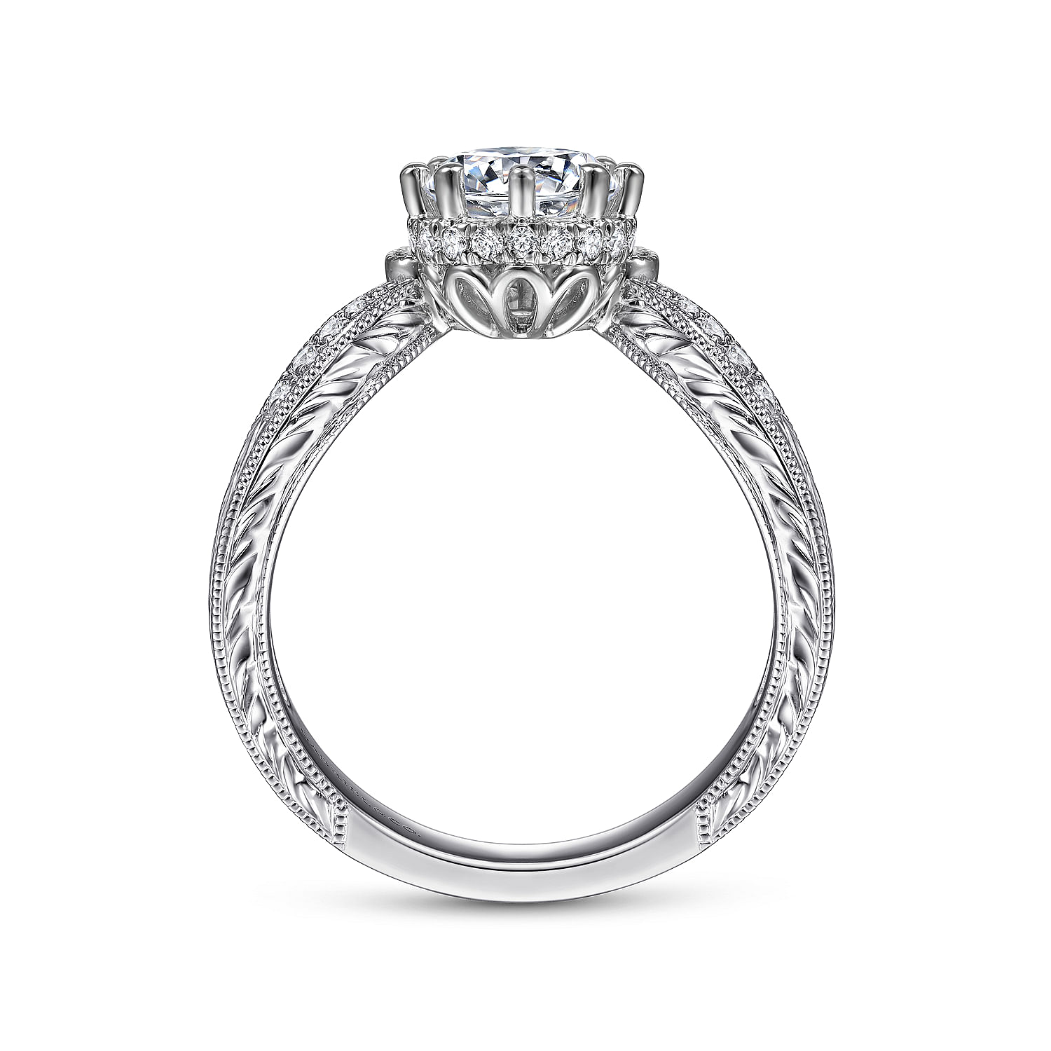 Vintage Inspired 14K White Gold Round Curved Diamond Engagement Ring