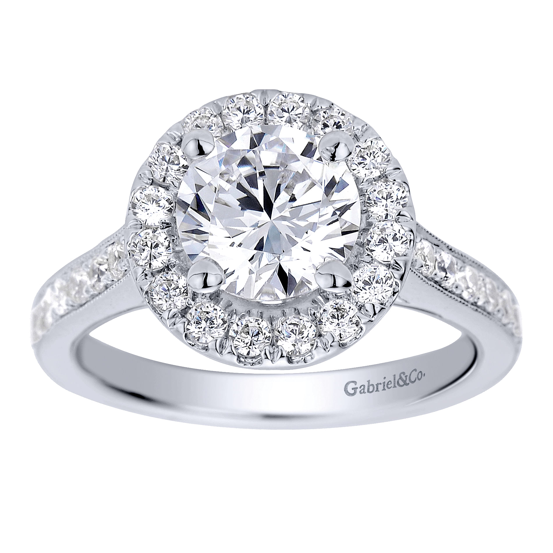 Vintage Inspired 14K White Gold Round Halo Diamond Engagement Ring