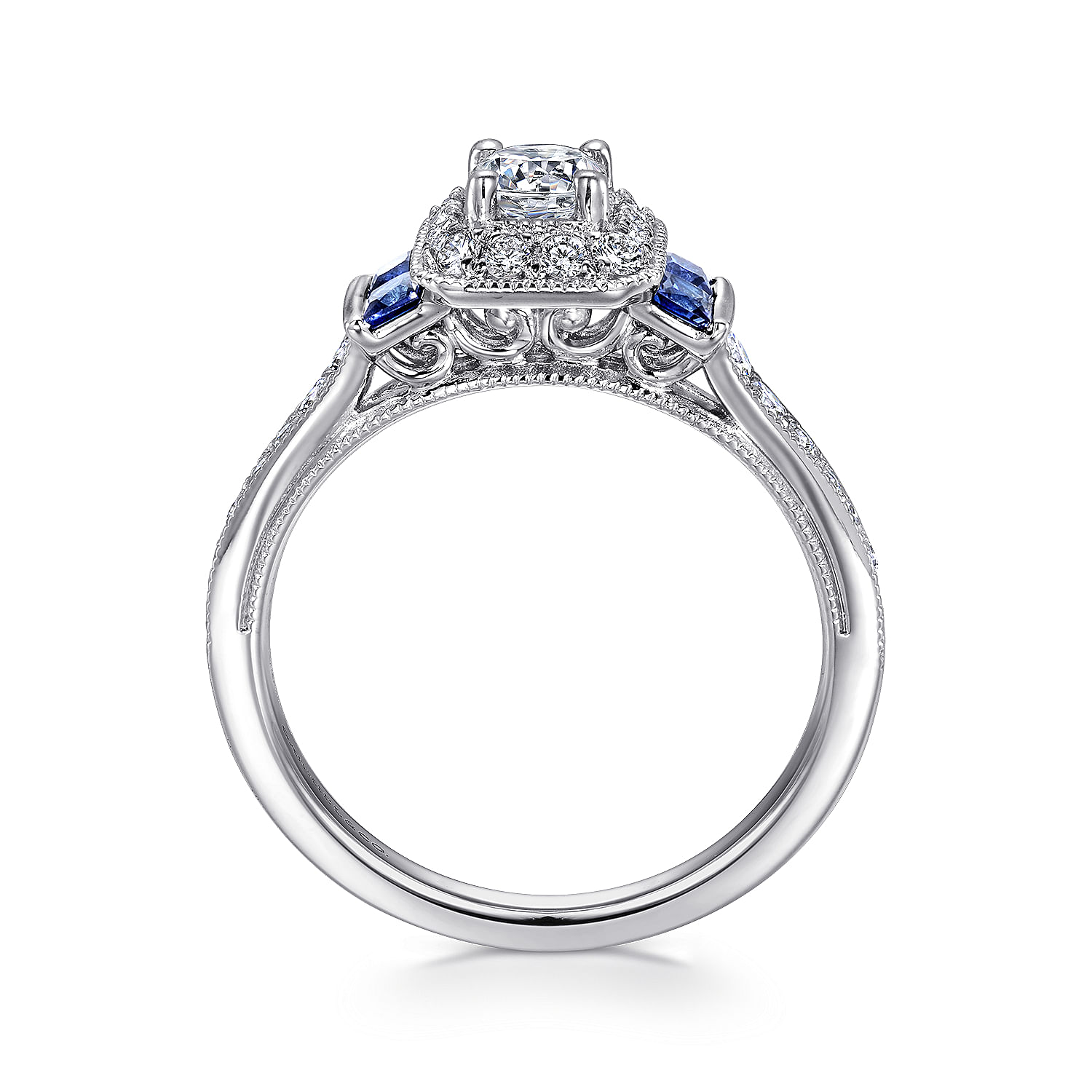 Vintage Inspired 14K White Gold Round Halo Sapphire and Diamond Complete Engagement Ring