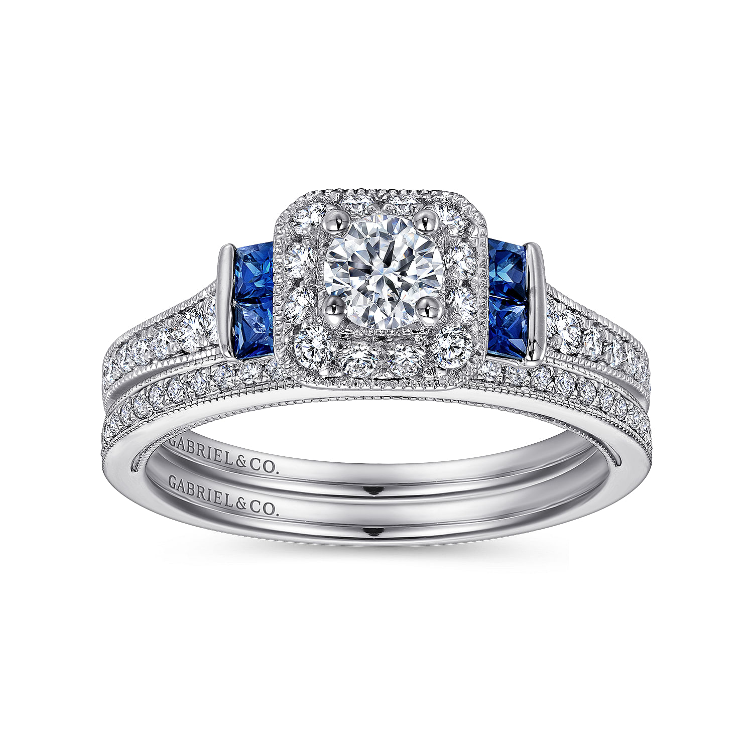 Vintage Inspired 14K White Gold Round Halo Sapphire and Diamond Complete Engagement Ring