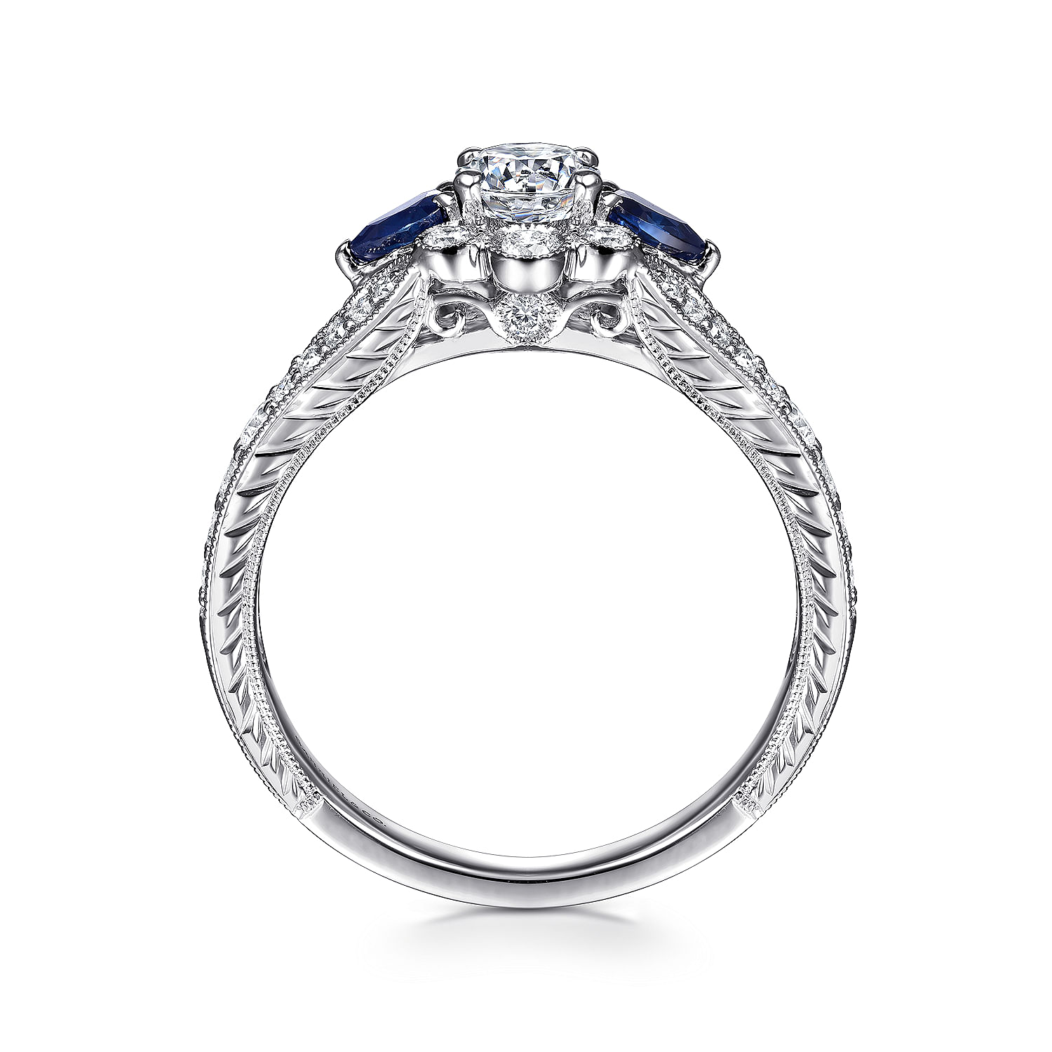 Vintage Inspired 14K White Gold Round Halo Sapphire and Diamond Engagement Ring