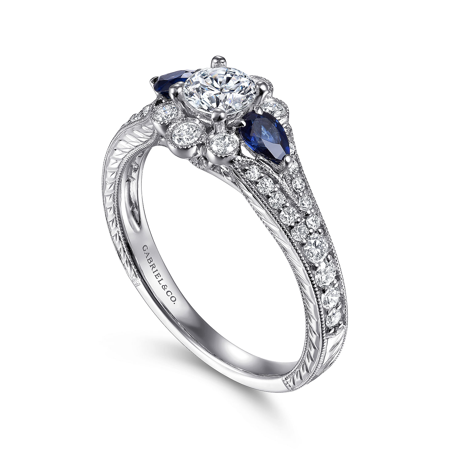 Vintage Inspired 14K White Gold Round Halo Sapphire and Diamond Engagement Ring