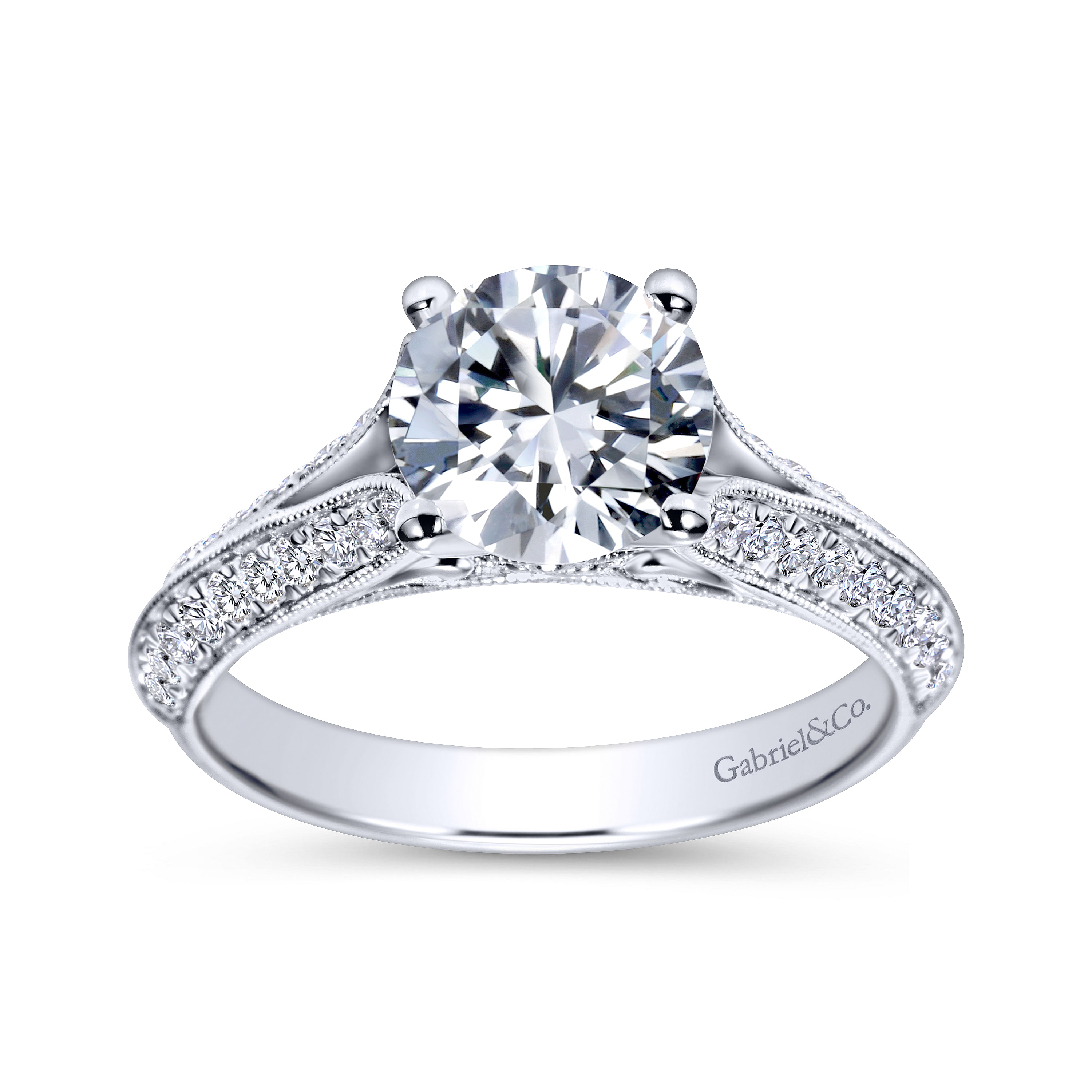 Vintage Inspired 14K White Gold Round Split Shank Diamond Engagement Ring