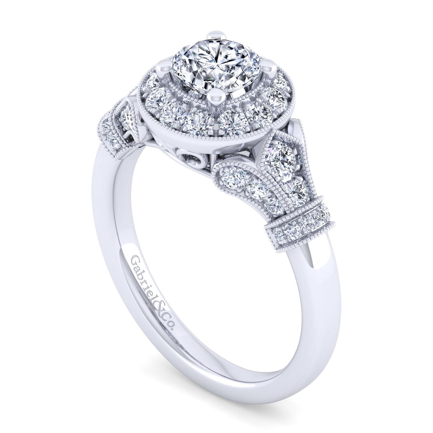Vintage Inspired 14K White Gold Round Three Stone Diamond Engagement Ring