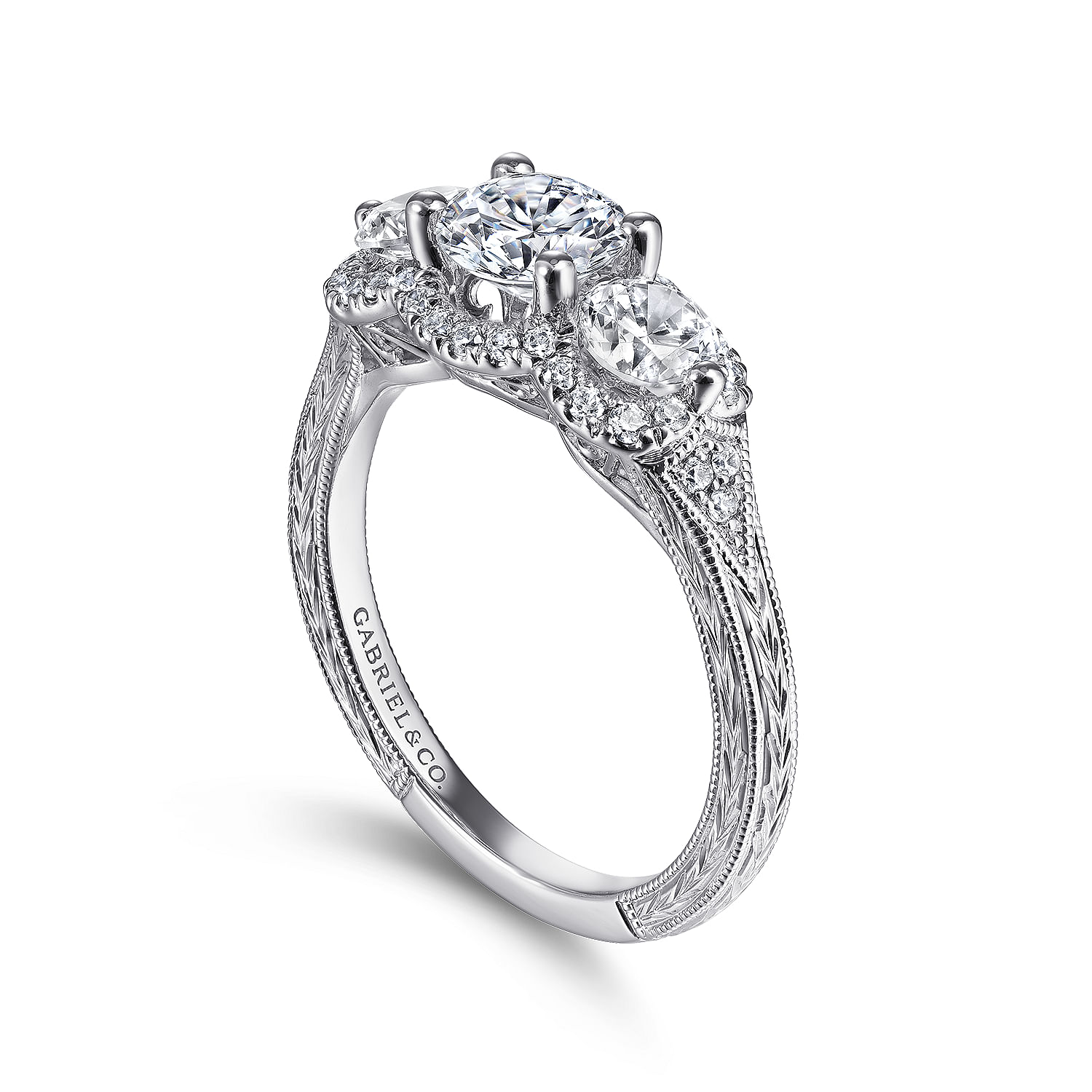 Vintage Inspired 14K White Gold Round Three Stone Halo Diamond Channel Set Engagement Ring