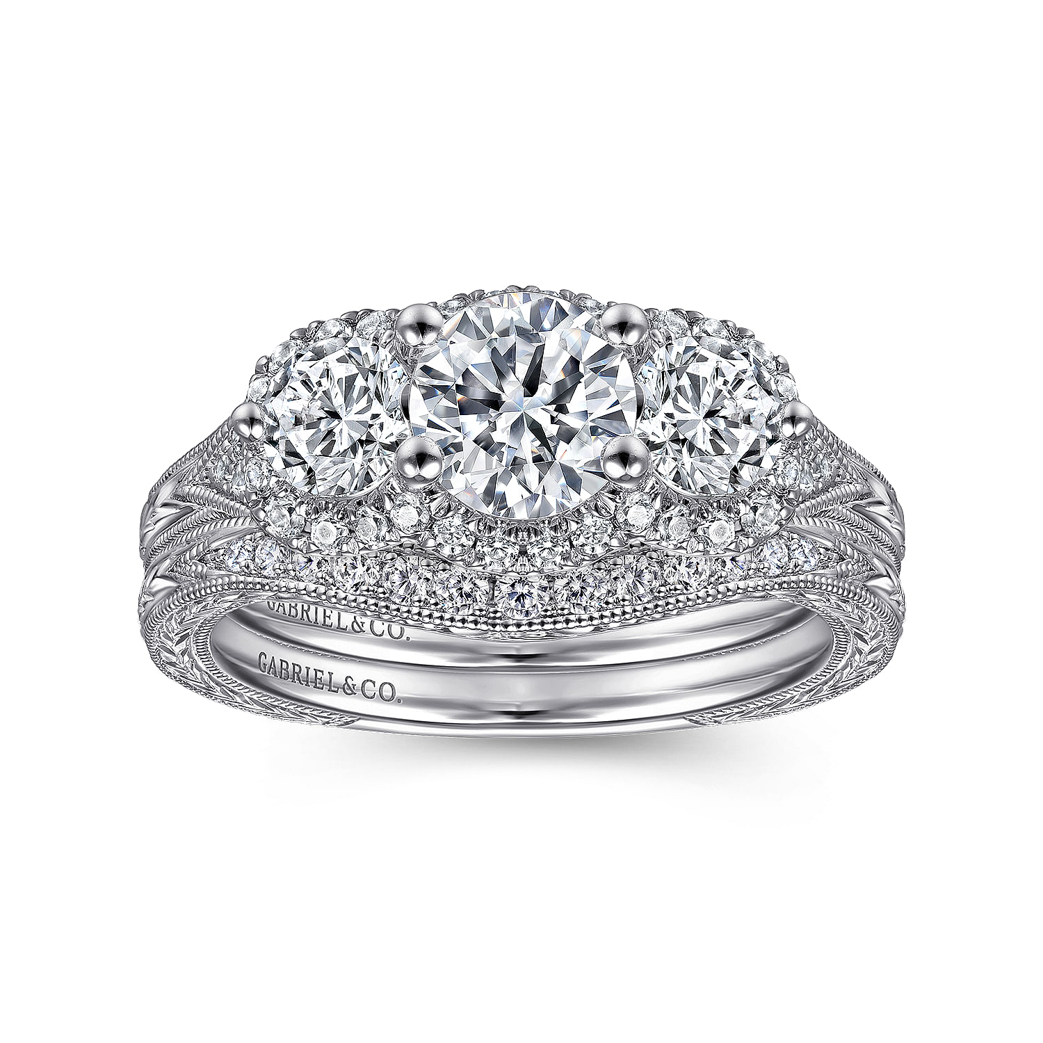 Vintage Inspired 14K White Gold Round Three Stone Halo Diamond Channel Set Engagement Ring