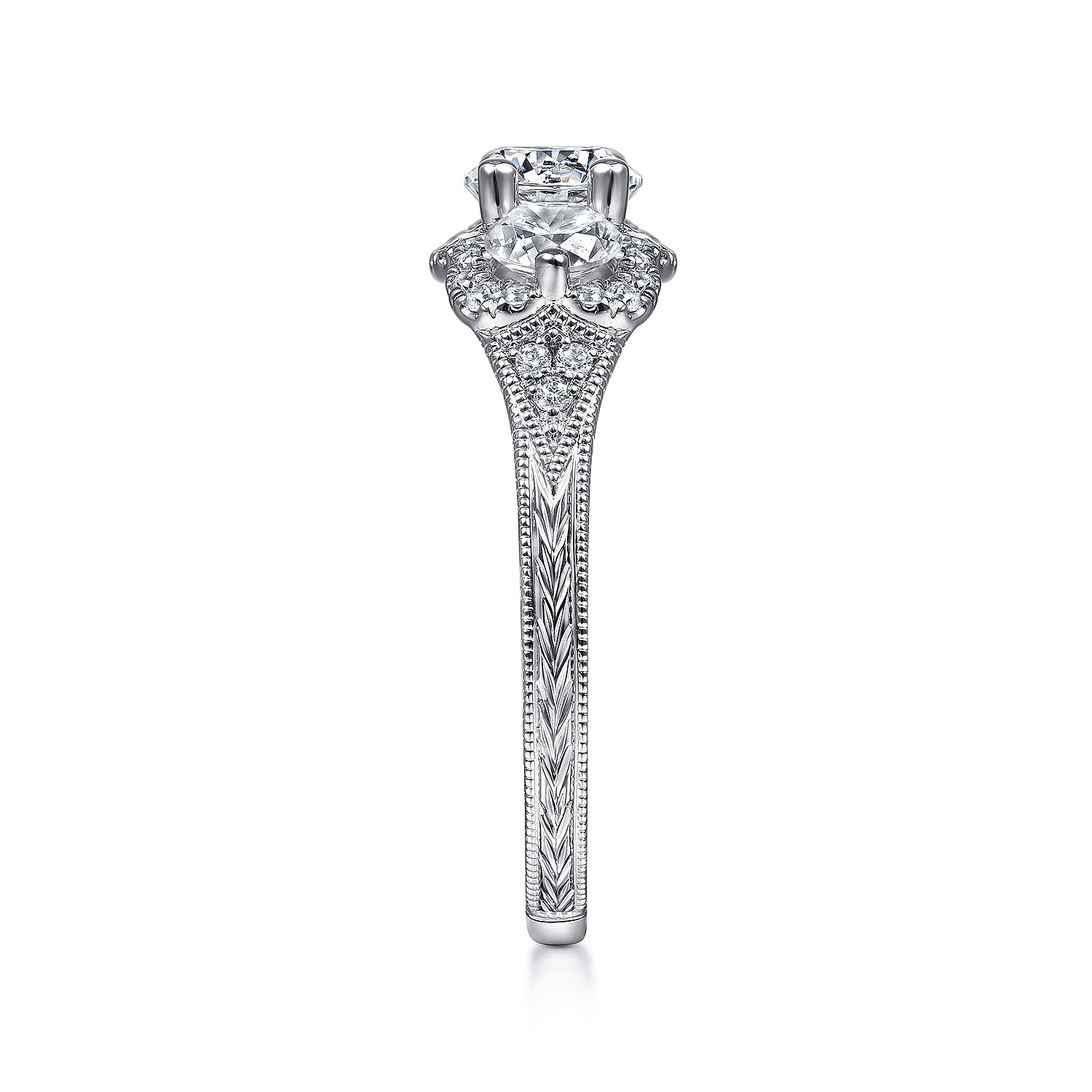 Vintage Inspired 14K White Gold Round Three Stone Halo Diamond Engagement Ring