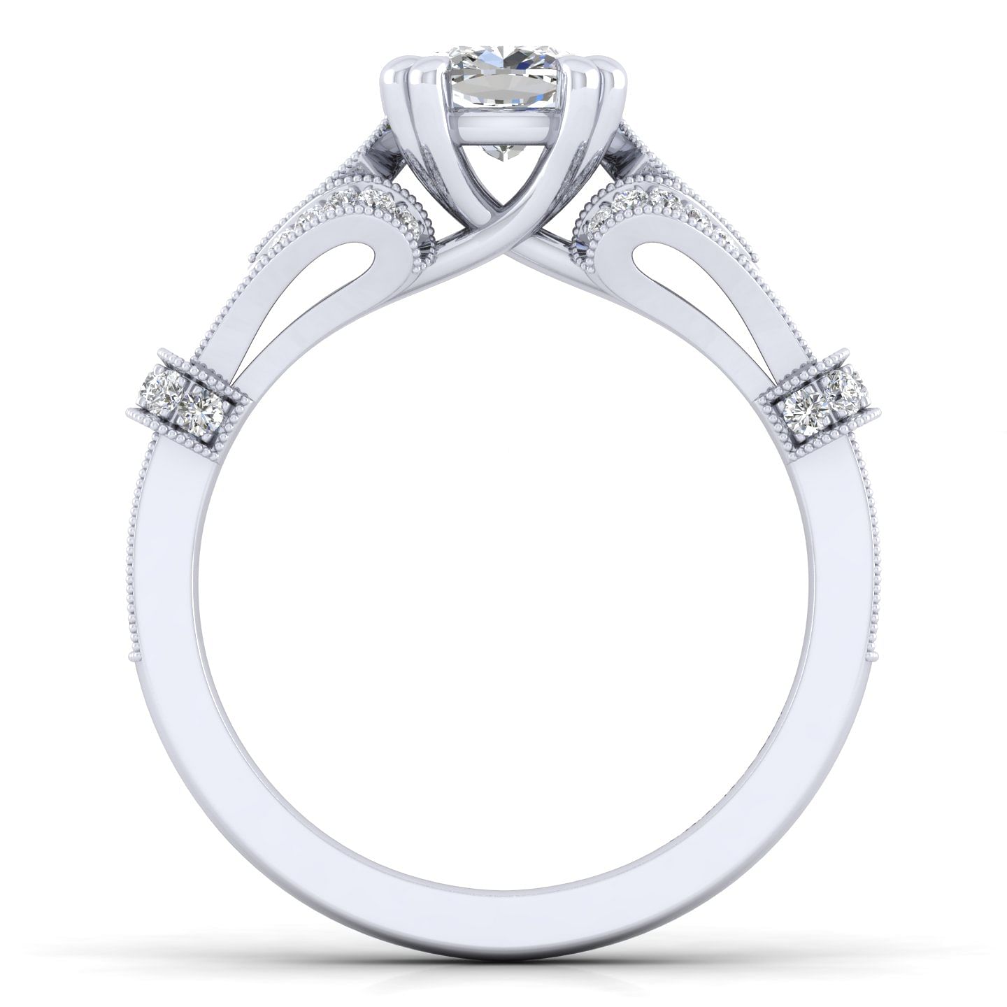 Vintage Inspired 14K White Gold Split Shank Cushion Cut Diamond Engagement Ring