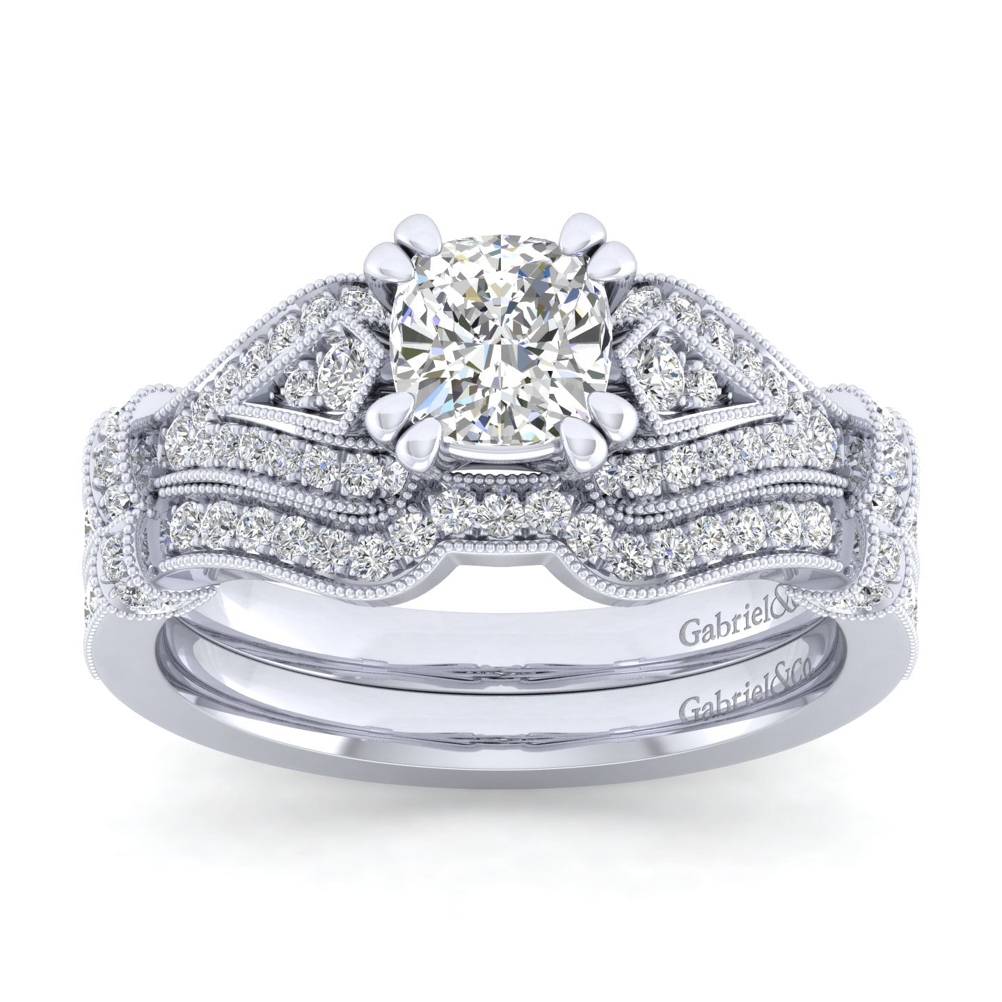 Vintage Inspired 14K White Gold Split Shank Cushion Cut Diamond Engagement Ring