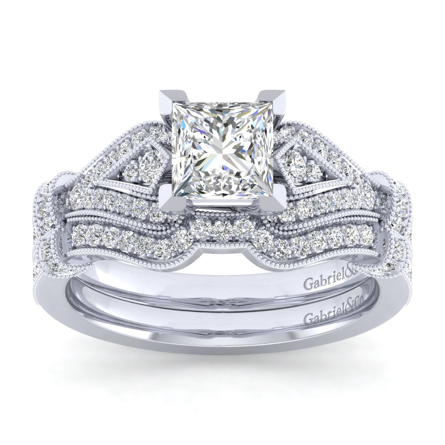Vintage Inspired 14K White Gold Split Shank Princess Cut Diamond Engagement Ring