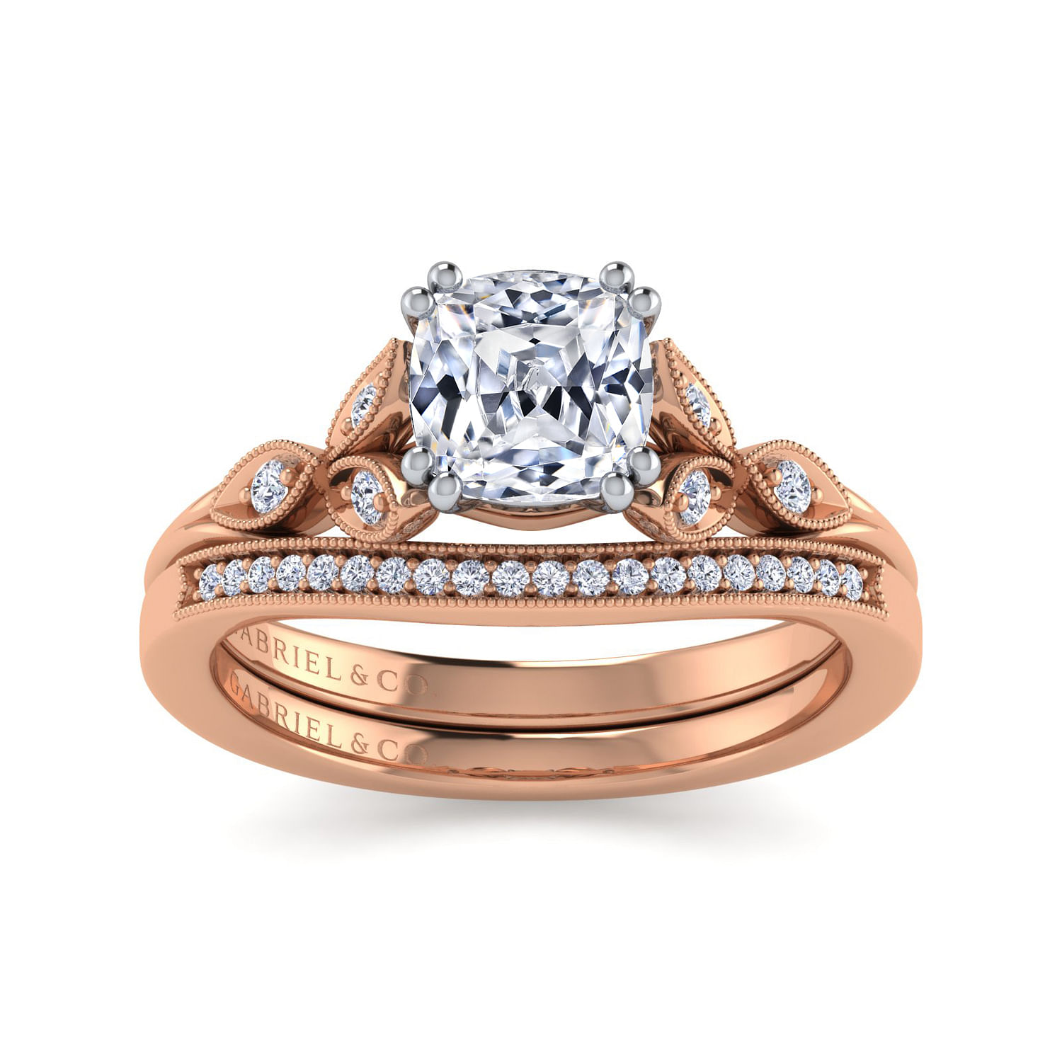 Vintage Inspired 14K White-Rose Gold Cushion Cut Diamond Engagement Ring