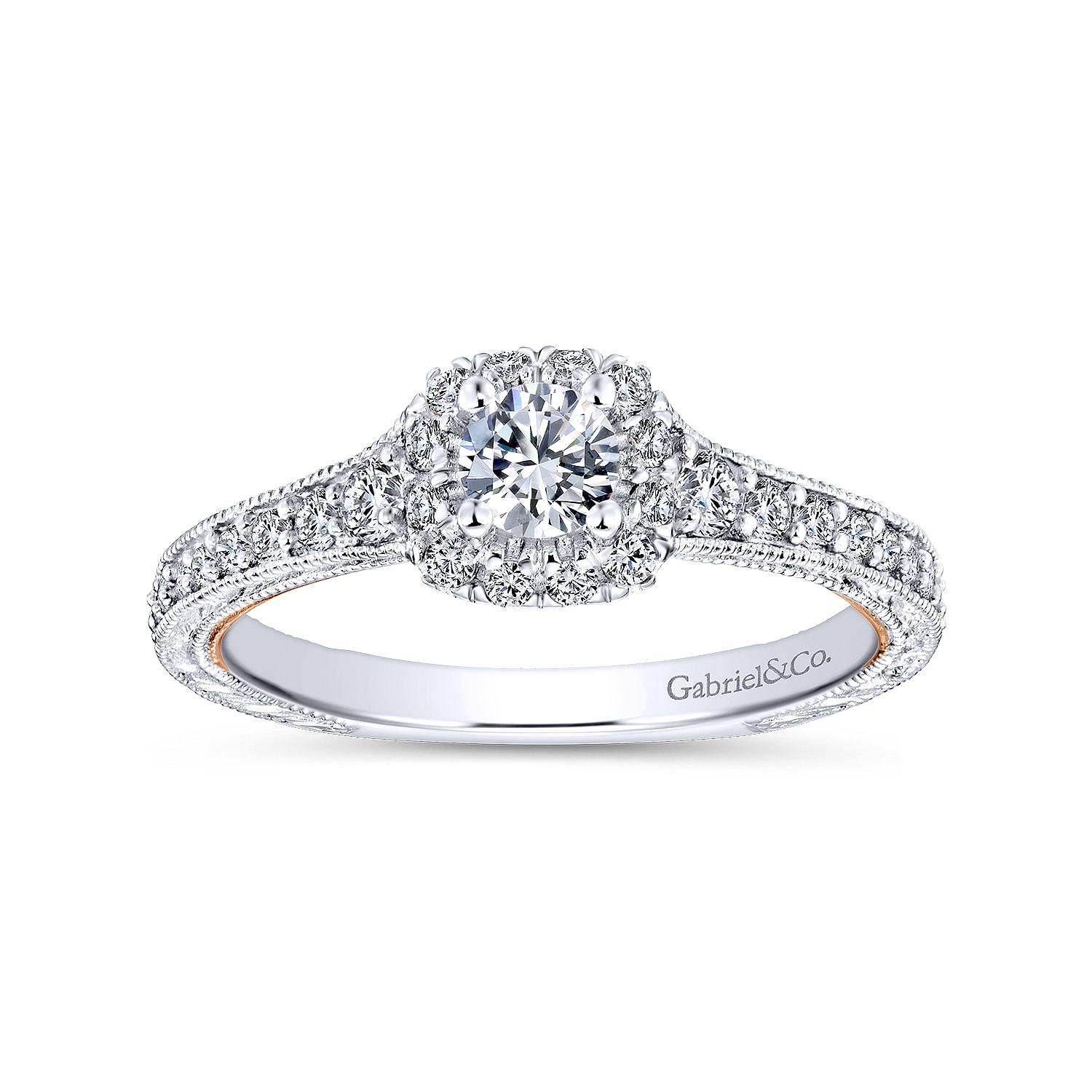 Vintage Inspired 14K White-Rose Gold Cushion Halo Round Diamond Engagement Ring