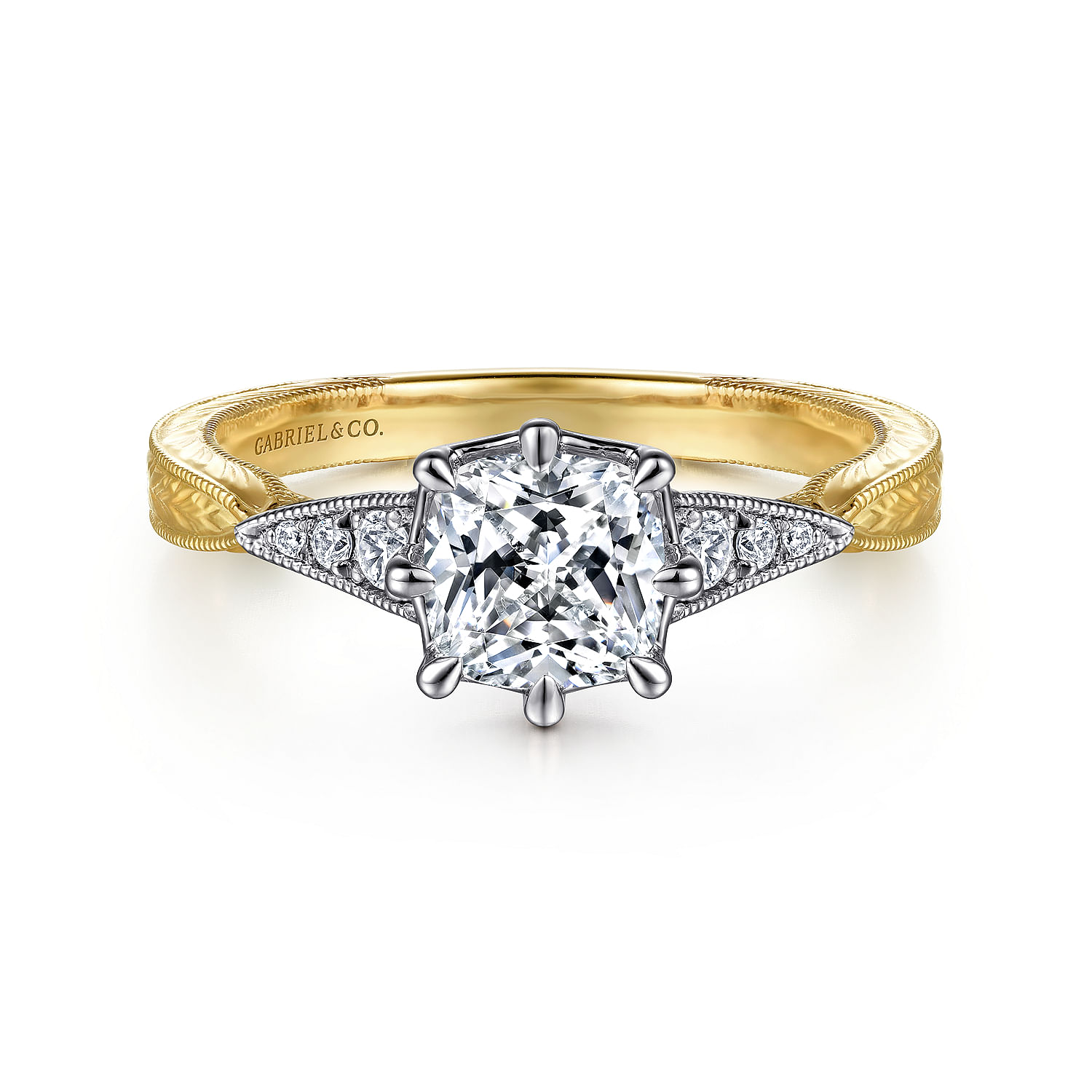 Vintage Inspired 14K White-Yellow Gold Cushion Cut Diamond Engagement Ring