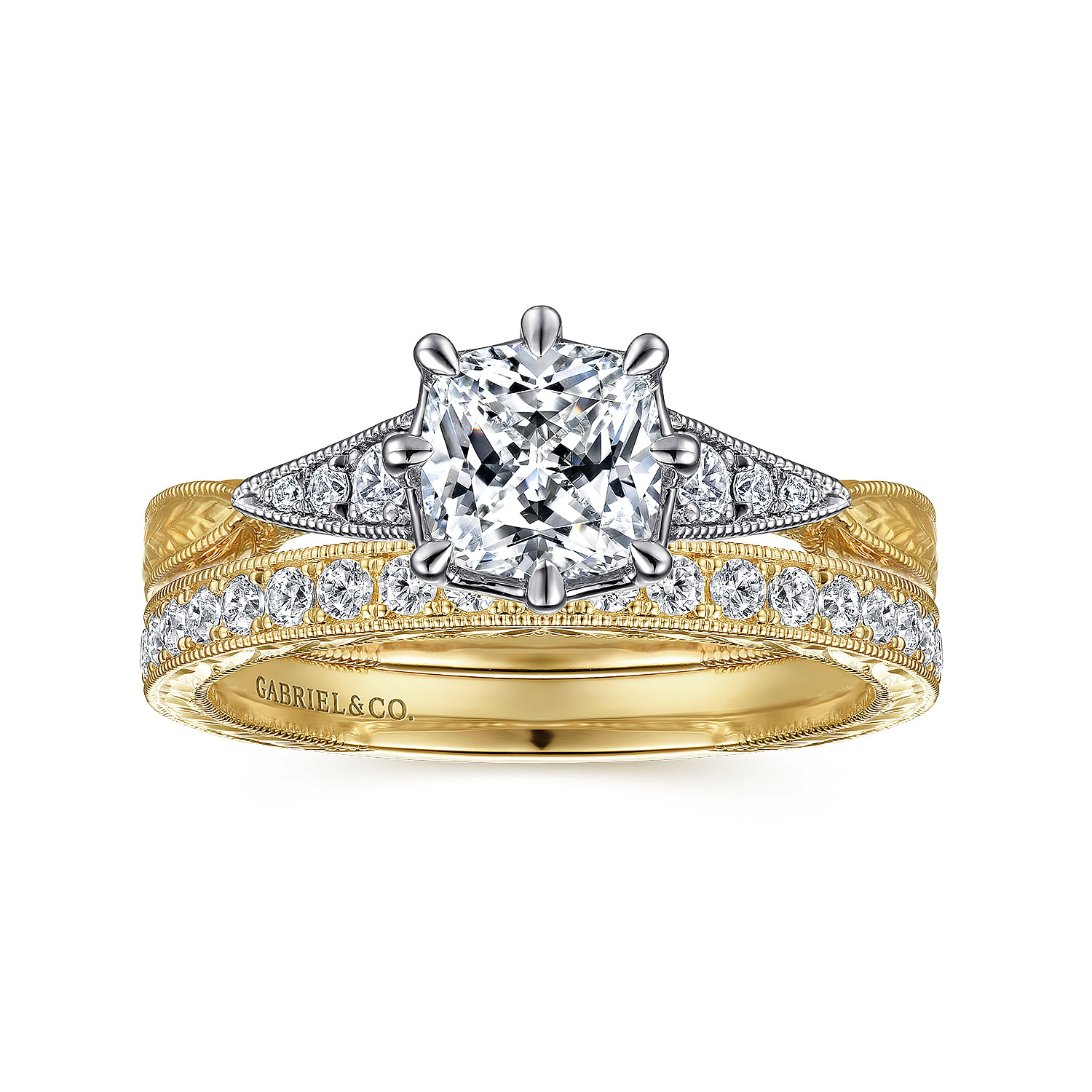 Vintage Inspired 14K White-Yellow Gold Cushion Cut Diamond Engagement Ring