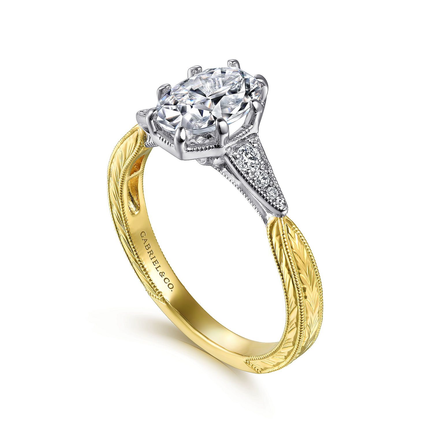 Vintage Inspired 14K White-Yellow Gold Oval Diamond Engagement Ring