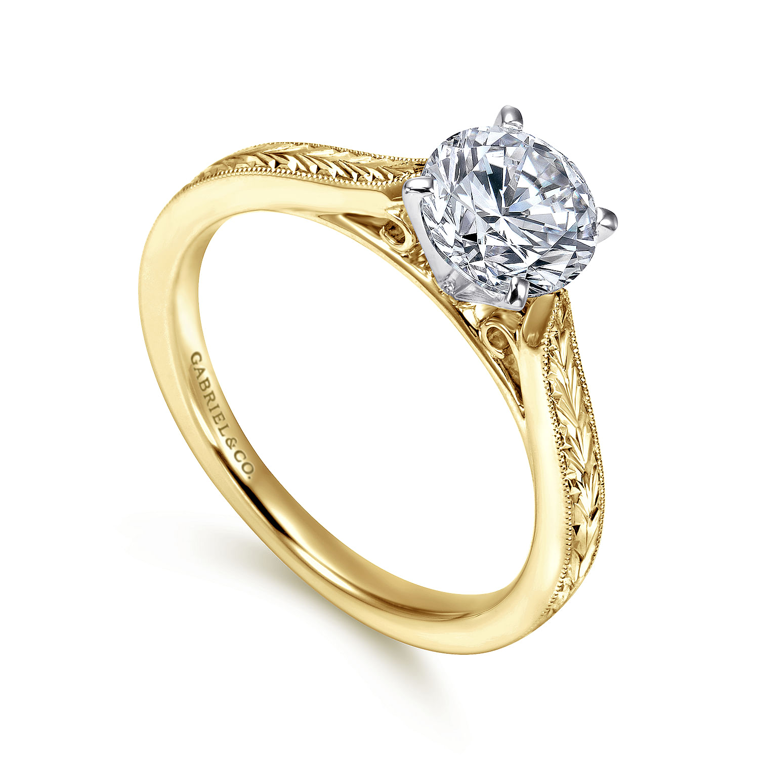 Vintage Inspired 14K White-Yellow Gold Round Solitaire Engagement Ring