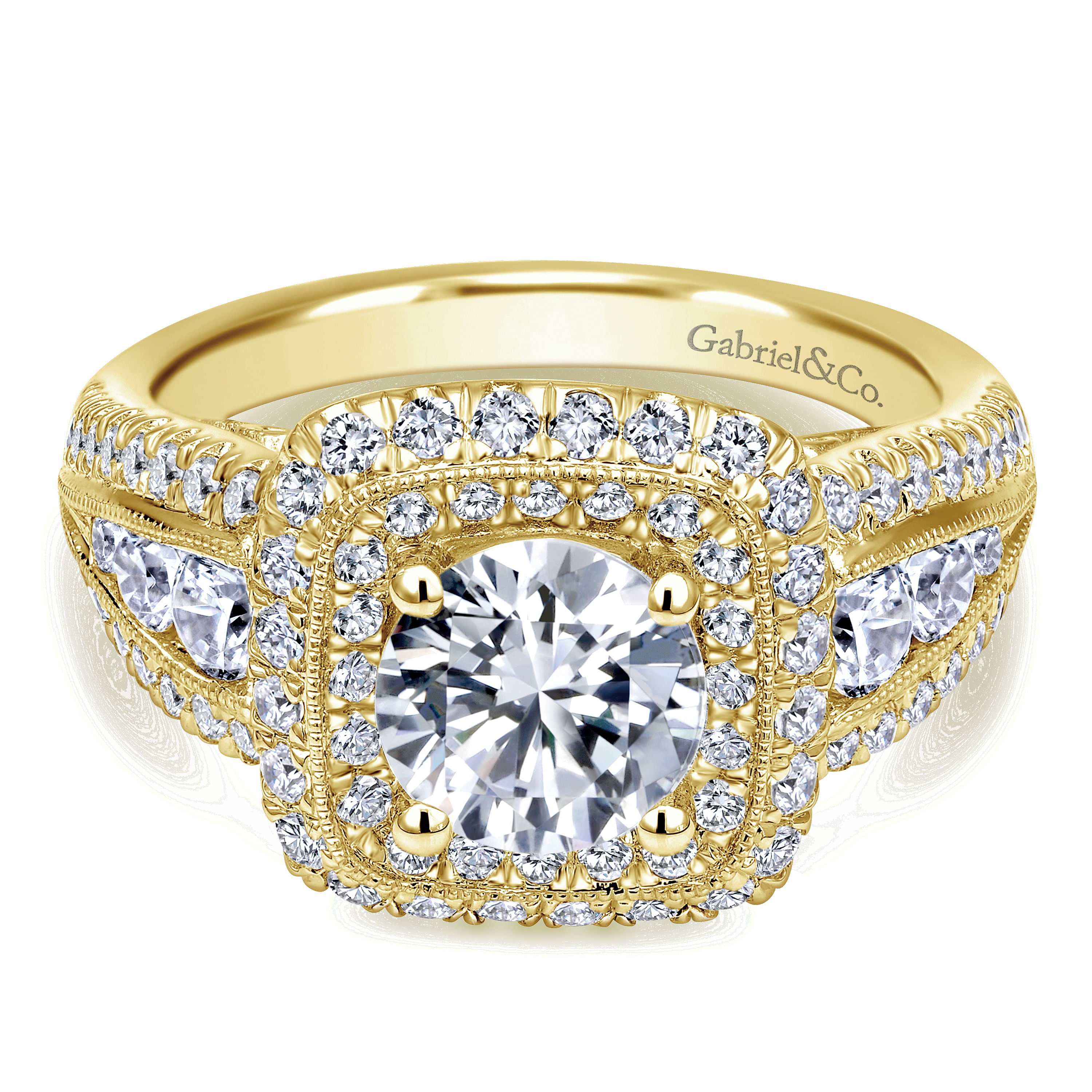 Vintage Inspired 14K Yellow Gold Cushion Double Halo Round Diamond Engagement Ring