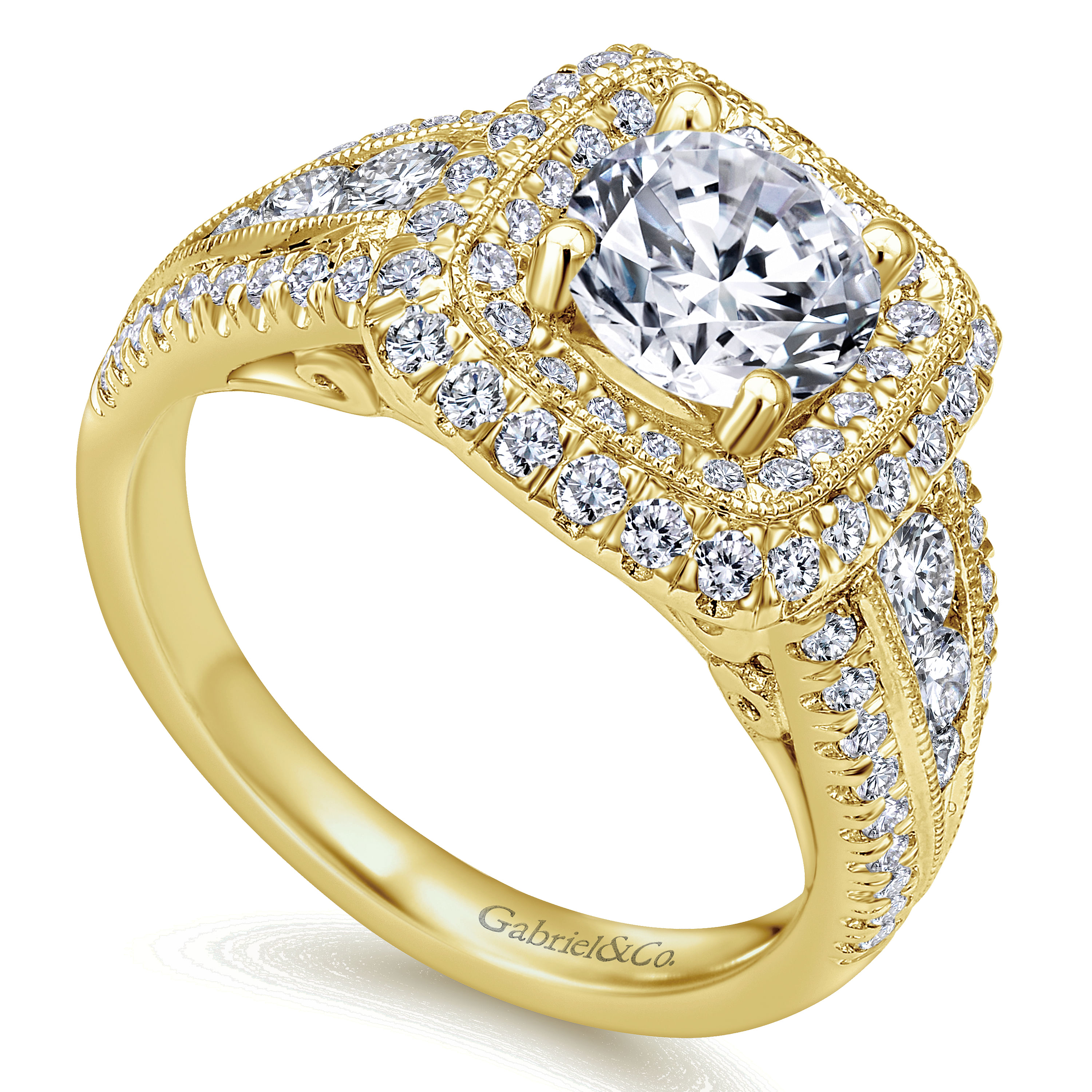 Vintage Inspired 14K Yellow Gold Cushion Double Halo Round Diamond Engagement Ring