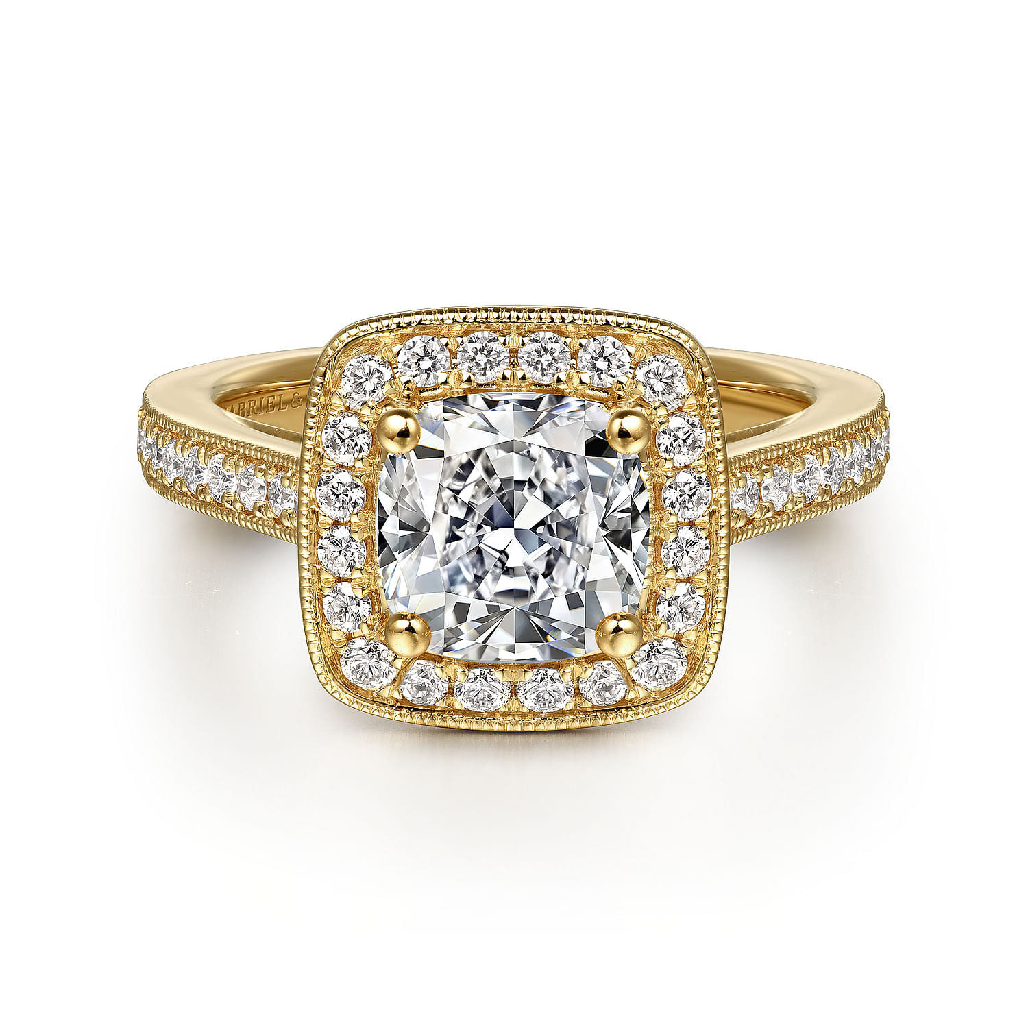 Vintage Inspired 14K Yellow Gold Cushion Halo Diamond Engagement Ring