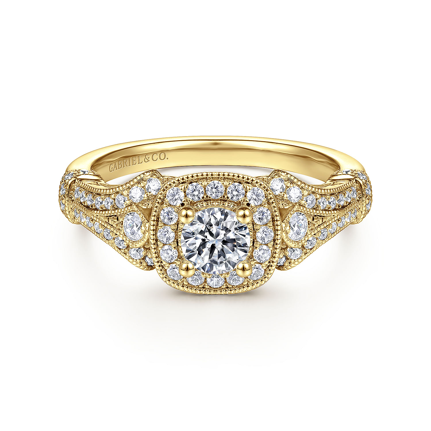 Vintage Inspired 14K Yellow Gold Cushion Halo Round Complete Diamond Engagement Ring