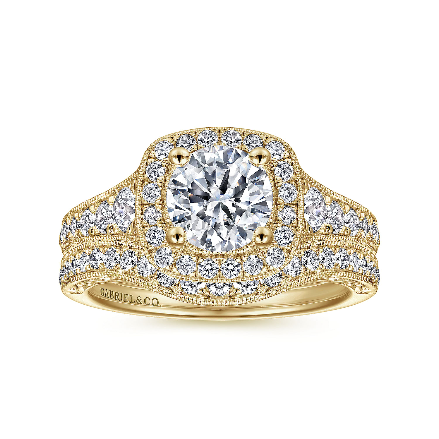 Vintage Inspired 14K Yellow Gold Cushion Halo Round Diamond Engagement Ring