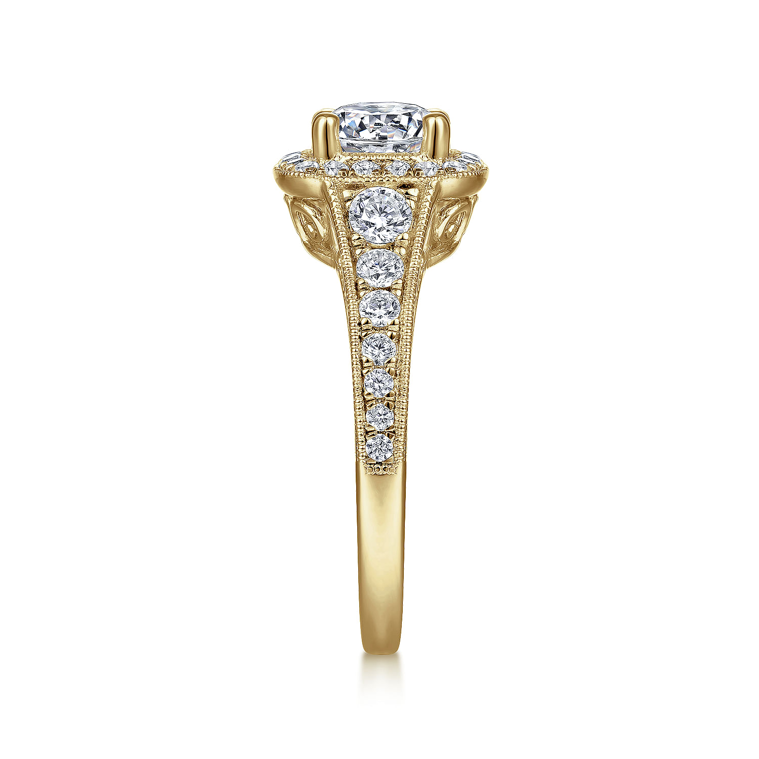Vintage Inspired 14K Yellow Gold Cushion Halo Round Diamond Engagement Ring