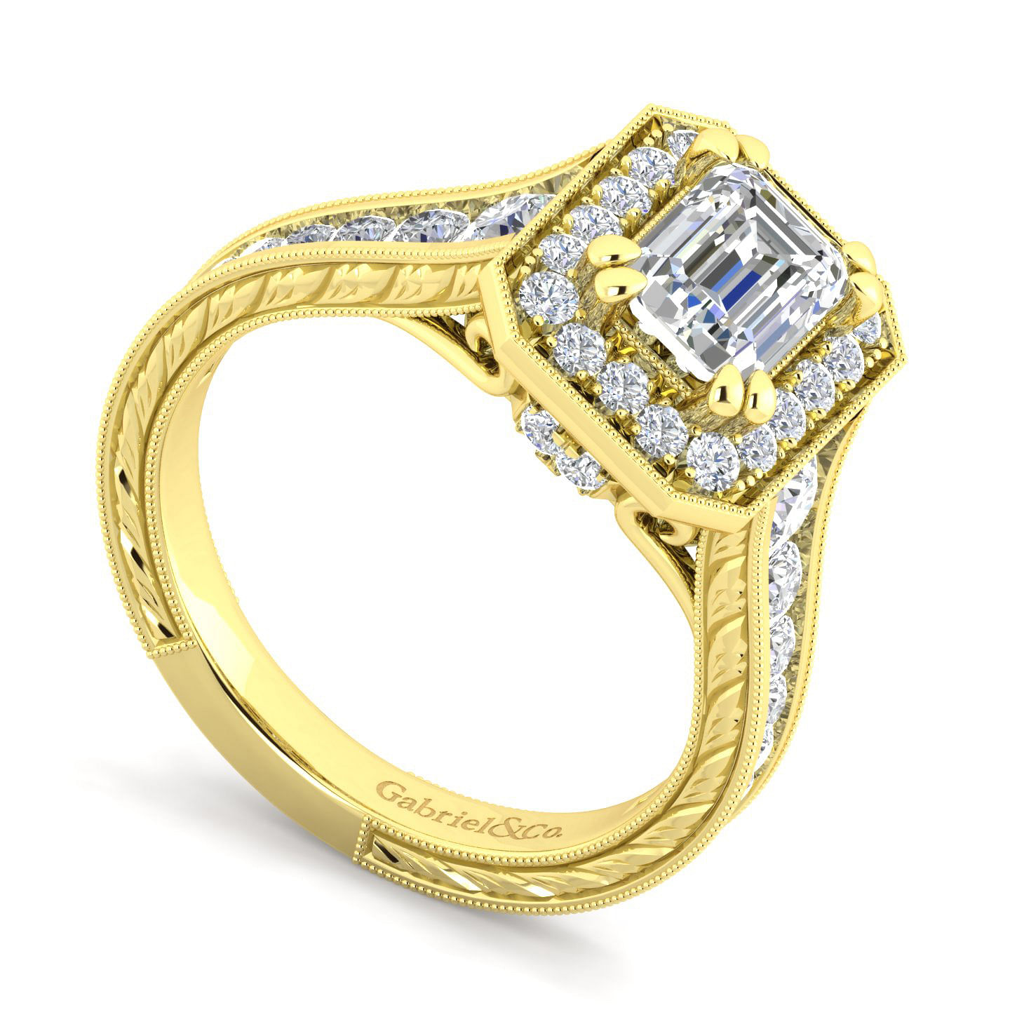 Vintage Inspired 14K Yellow Gold Emerald Halo Diamond Engagement Ring