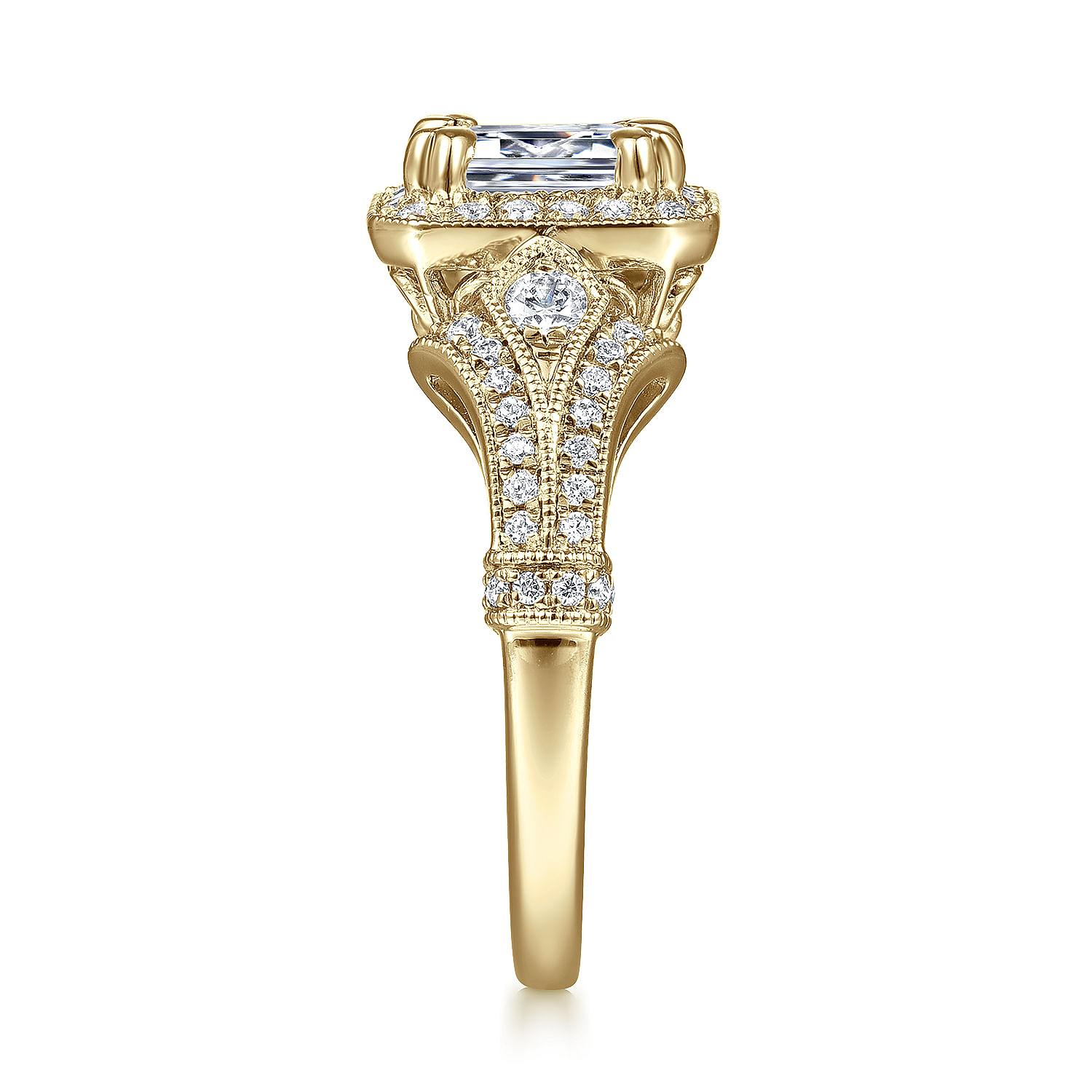Vintage Inspired 14K Yellow Gold Halo Emerald Cut Diamond Engagement Ring