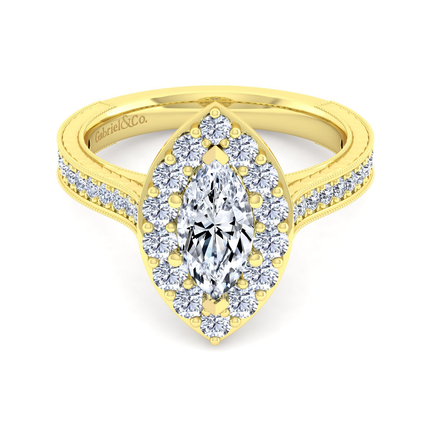 Vintage Inspired 14K Yellow Gold Marquise Halo Diamond Engagement Ring