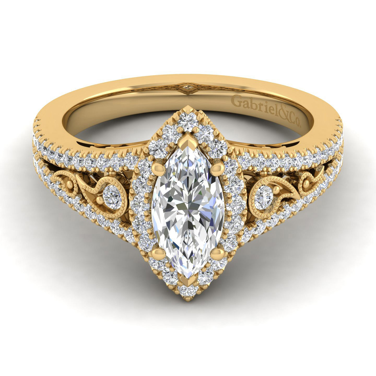 Vintage Inspired 14K Yellow Gold Marquise Halo Diamond Engagement Ring
