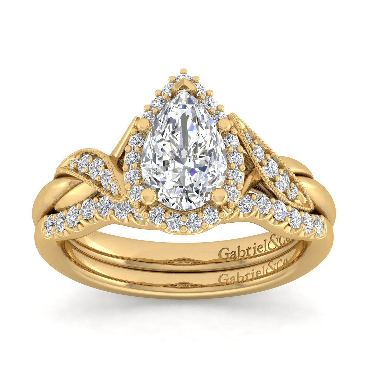 Vintage Inspired 14K Yellow Gold Pear Shape Halo Diamond Engagement Ring