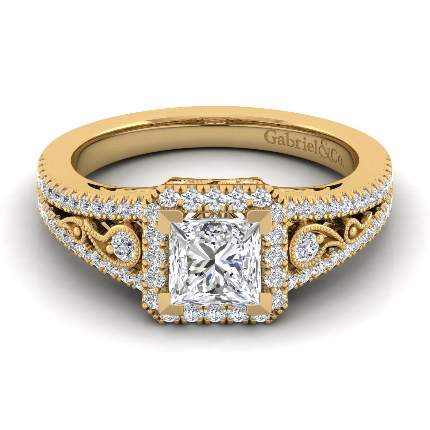 Vintage Inspired 14K Yellow Gold Princess Halo Diamond Engagement Ring