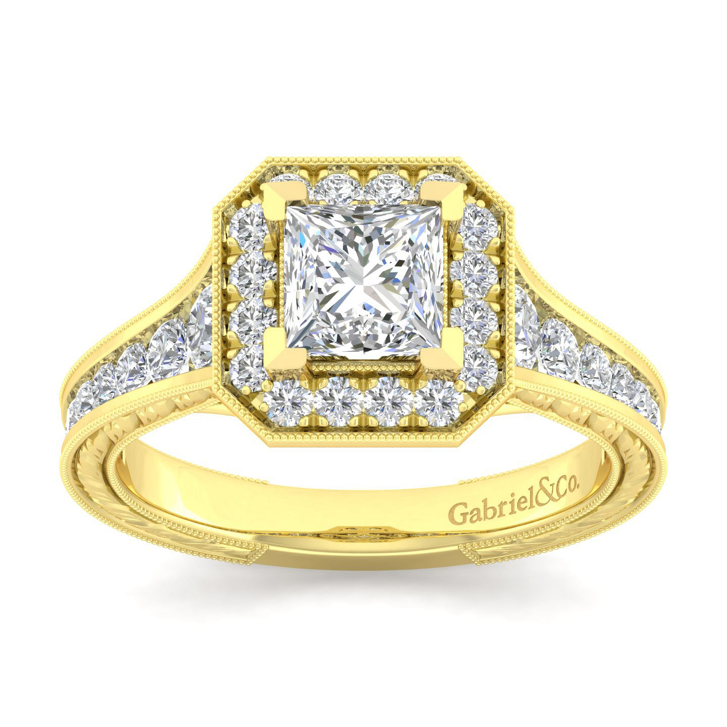 Vintage Inspired 14K Yellow Gold Princess Halo Diamond Engagement Ring