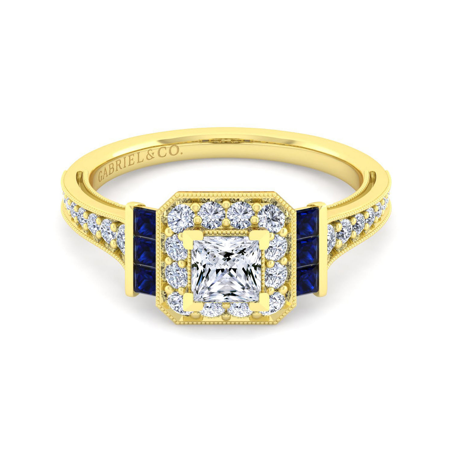 Vintage Inspired 14K Yellow Gold Princess Halo Sapphire and Diamond Engagement Ring