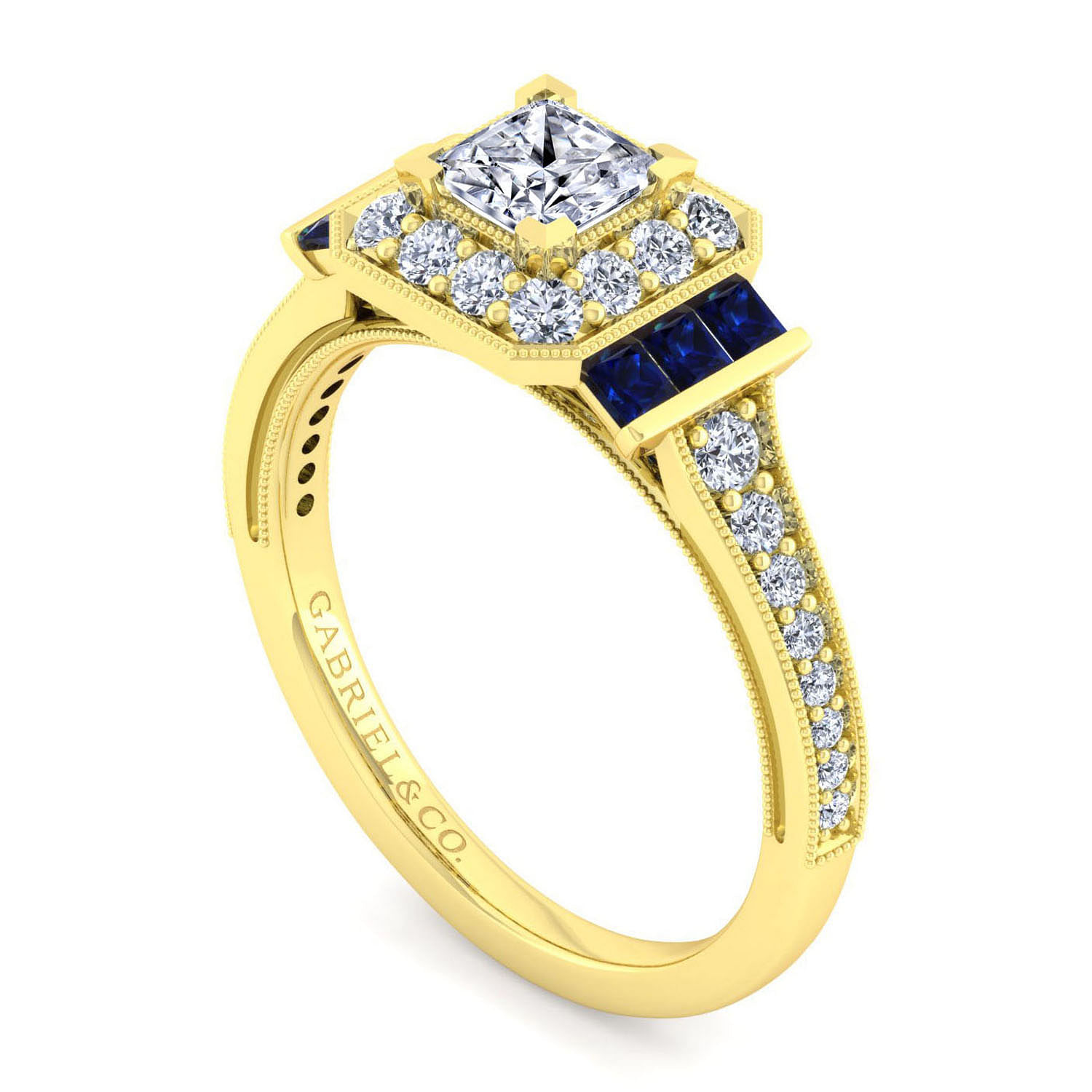 Vintage Inspired 14K Yellow Gold Princess Halo Sapphire and Diamond Engagement Ring